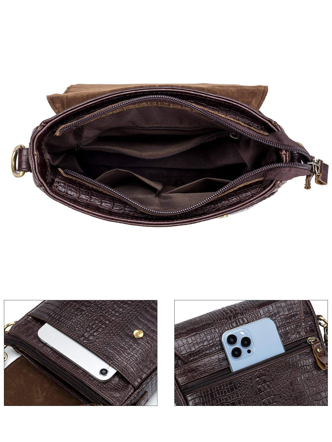 Men's Business Crocodile Embossed Crossbody Bag, Vintage Cowhide Shoulder Bag for Daily Used, Casual Trendy Versatile High-quality Daily Commuting Bag