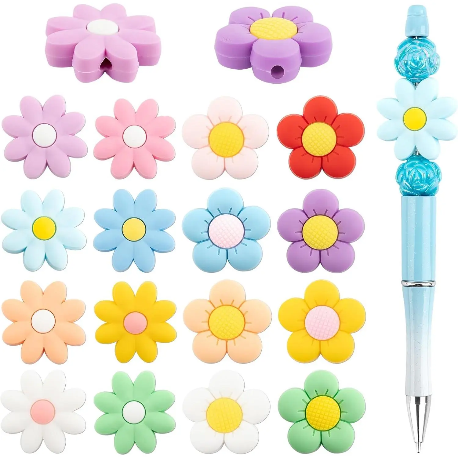 16 Pack Colorful Flower  Focal Beads 0.1inch Large Hole | Floral Loose Beads For DIY  Making, Beadable Pen, , Bracelet, Necklace Craft Supplies