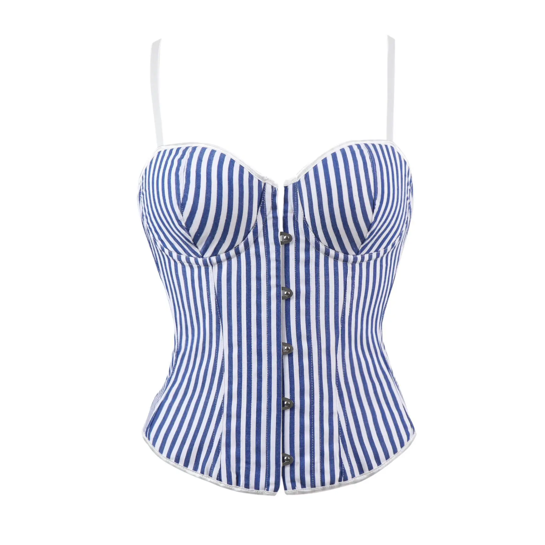 Blue and white striped bandeau corset with waistband and fishbone shaping feature