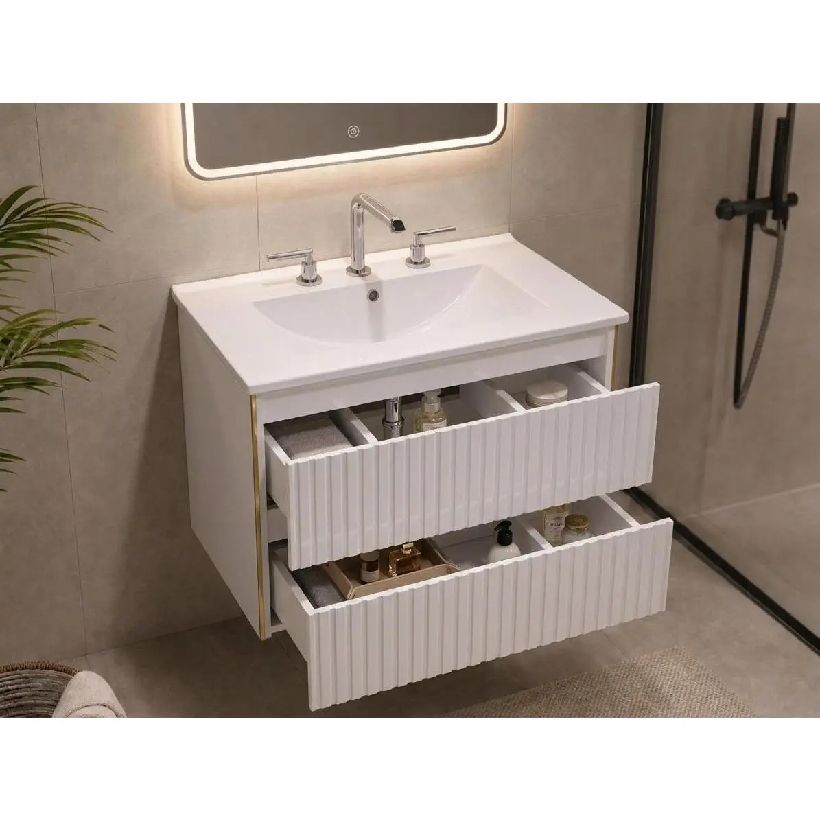 24-Inch White Wall-Mounted Floating Bathroom Vanity Unit with Embedded Ceramic Sink, Double Drawers, PVC Wavy Board, Space-Saving Modern Minimalist Design