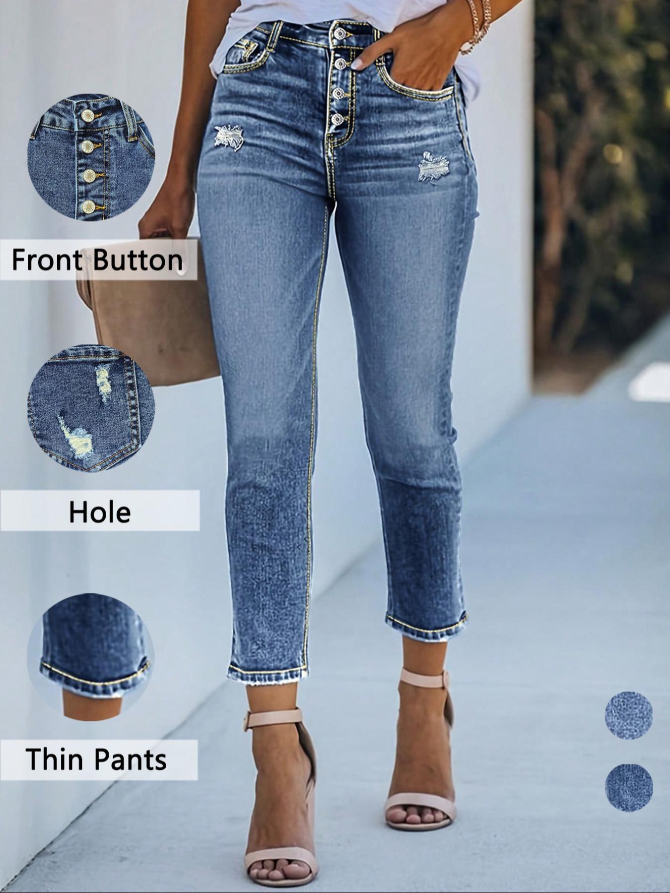 Women's Ripped Button Fly Skinny Stretchy Jeans, Distressed Skinny Jeans, Fashion Casual Denim Pants for Daily Outdoor Wear, Ladies Bottoms for All Seasons