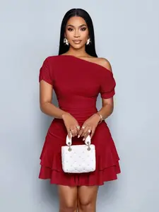 French Sexy Style Dress, Summer New Arrival Women's Casual Fashion Solid Color Asymmetrical Shoulder Slim Fit Ruffle Dress