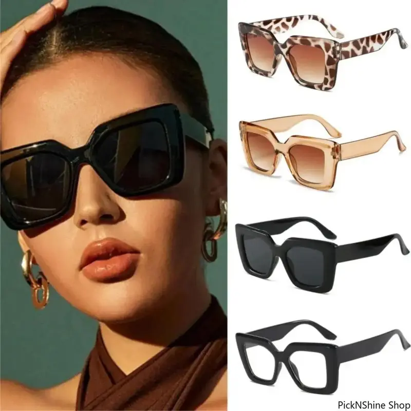Women's 4-Piece Oversized Square Sunglasses - Semi-Rimless Chic Black Wrap-Around Anti-UV Synthetic Lens Minimalist Casual Female Eyewear, Leopard Print Fashion Accessory for Street Style, Outdoor Use