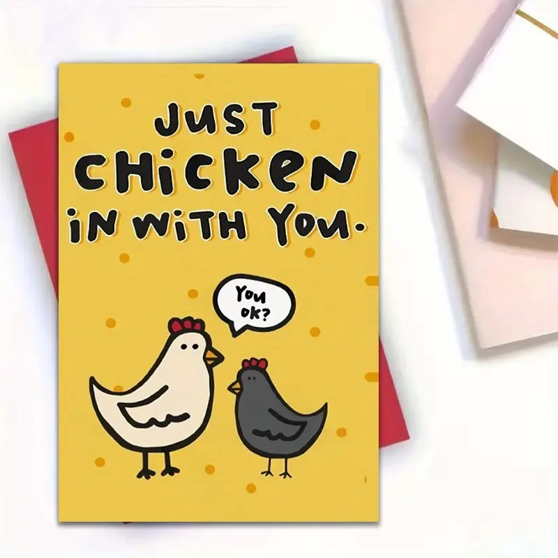 1pc Cute Chicken Pun Thinking Of You Card "Just Chicken In With You You Ok?", Funny Friendship Greeting Card for Birthday Get Well Daily Care Anniversary, Warm Encouragement Gift for Friends Family, Blank Inside with Red Envelope