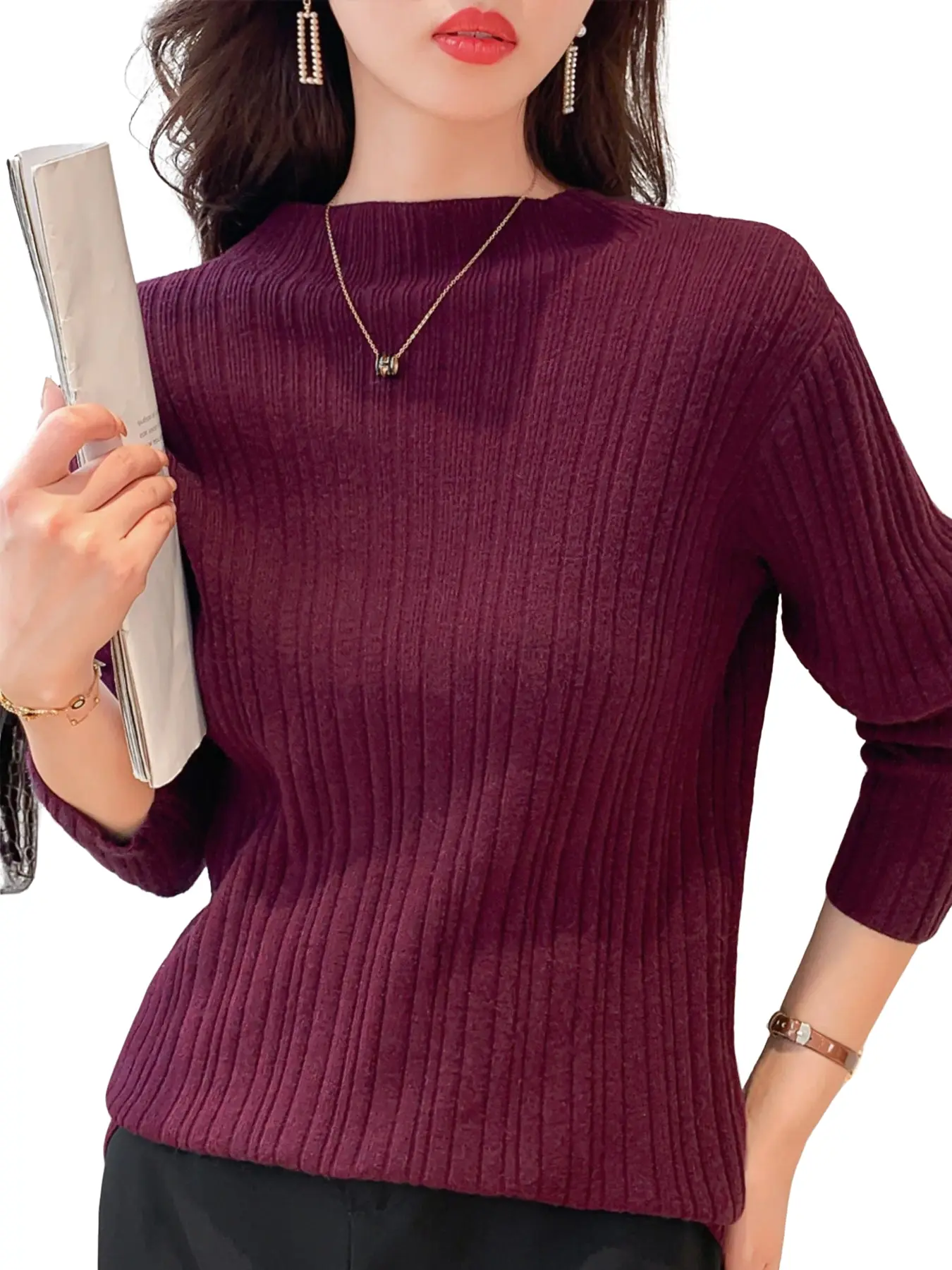 Women's Elegant Innerwear Knit Sweater, Long Sleeve Half High Neck, Solid Color Slim Fit, Warm Commute Casual Fashion Base Layer