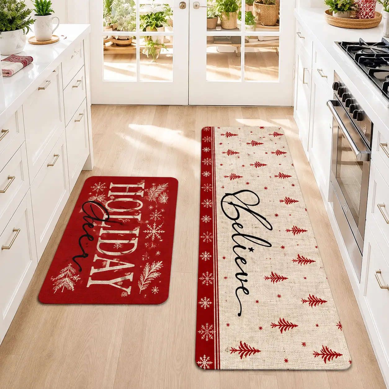 2Pcs Christmas Red Christmas Tree Floor Mat Set Farmhouse Kitchen Rug Dining Room Flooring Laundry Room Decor Carpet Mat Decorative Mats Home Decor Rugs Home Decorative Rug