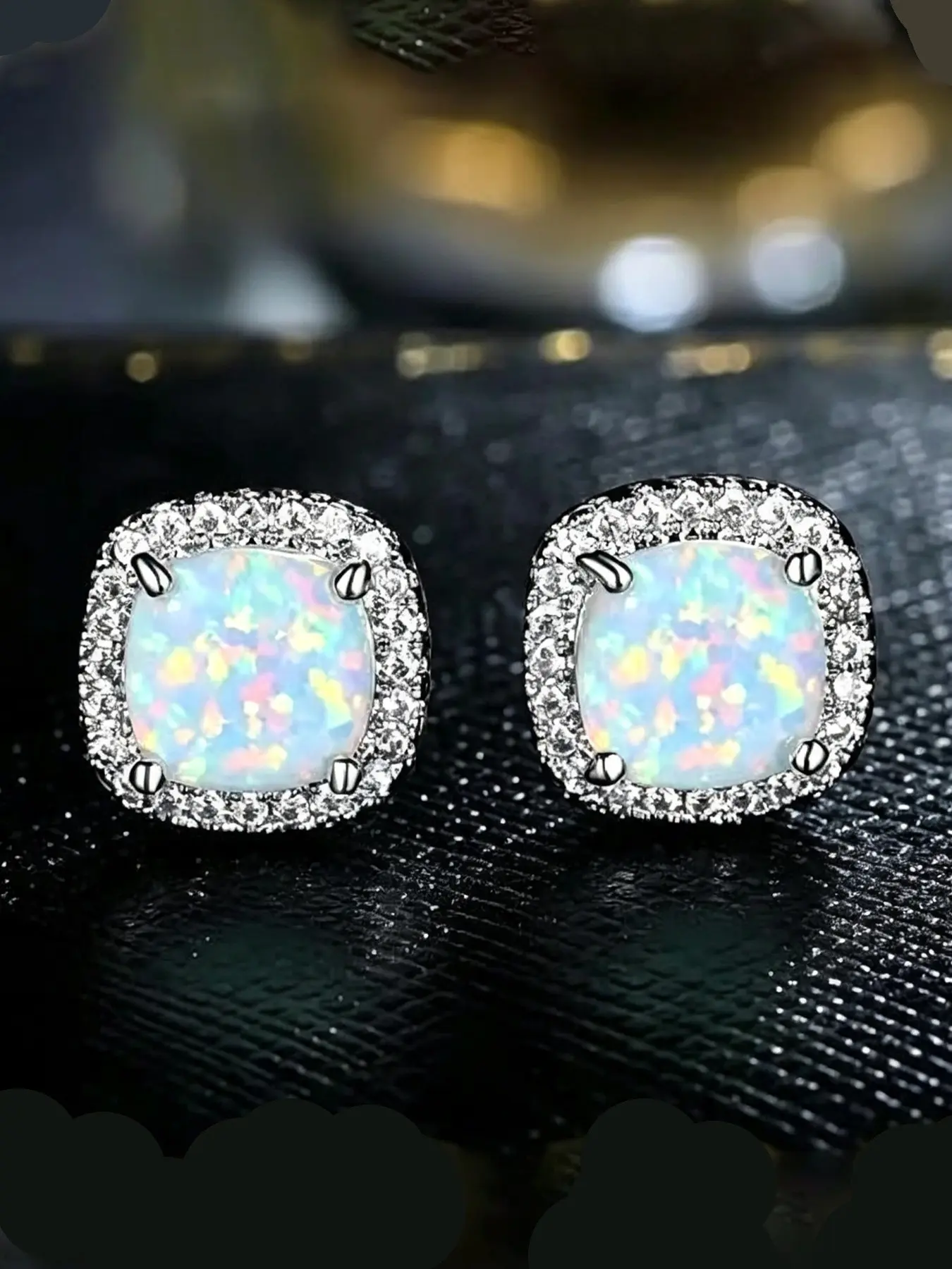 Artificial Opal Earrings, Halo Pendant Earrings, Lever Back Earrings, Cubic Zirconia Fire Opal, Elegant Jewelry for Women, Sparkling Ear Jewelry