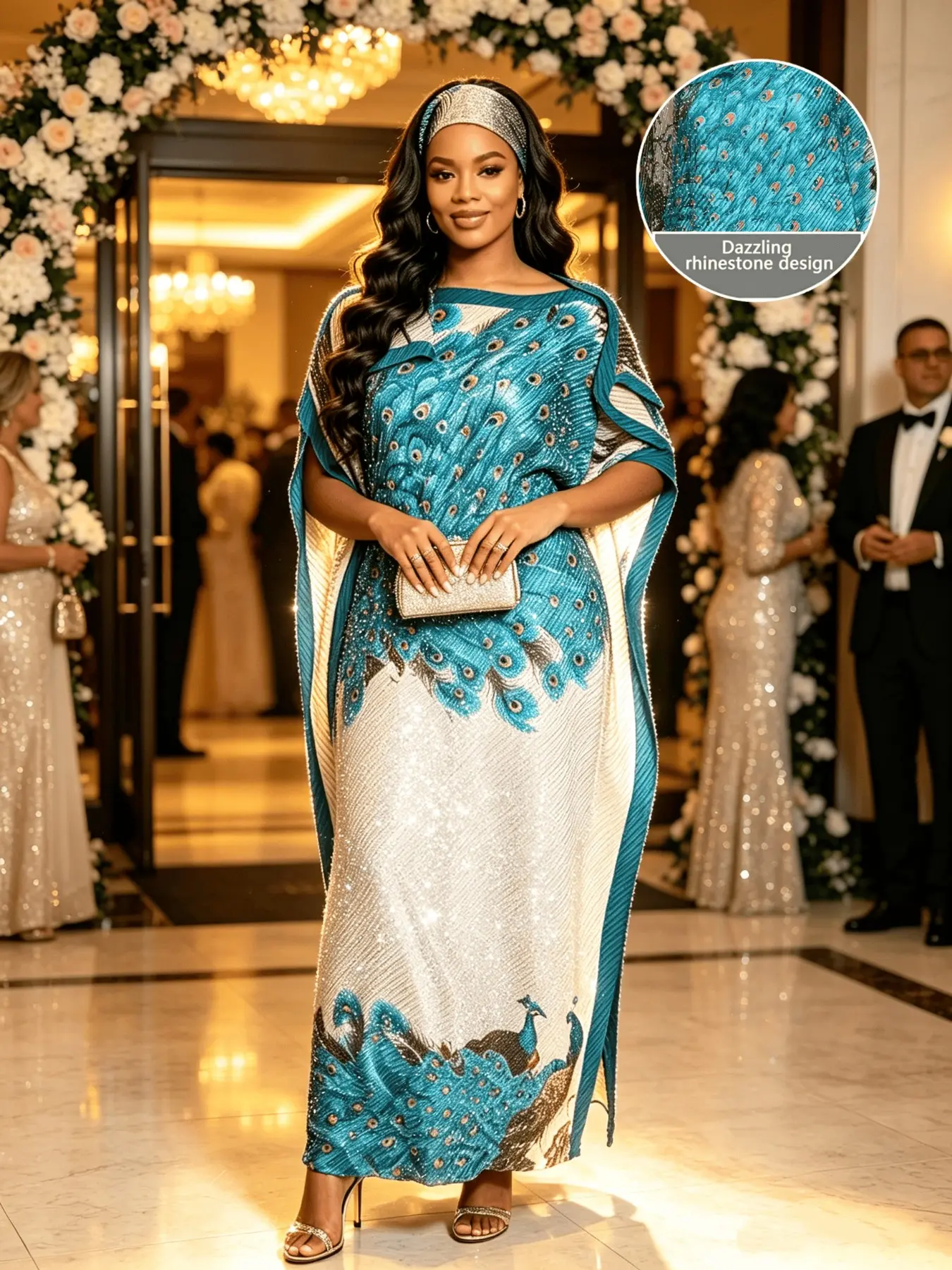 Sparkly Rhinestone Gradient Peacock Print Kaftan Two Piece Set, Oversized Split Long Maxi Dress, Elegant Ball Gala Formal Outfit With Matching Head Scarf, Suitable For Plus Size Ladies