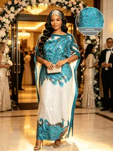 Sparkly Rhinestone Gradient Peacock Print Kaftan Two Piece Set, Oversized Split Long Maxi Dress, Elegant Ball Gala Formal Outfit With Matching Head Scarf, Suitable For Plus Size Ladies
