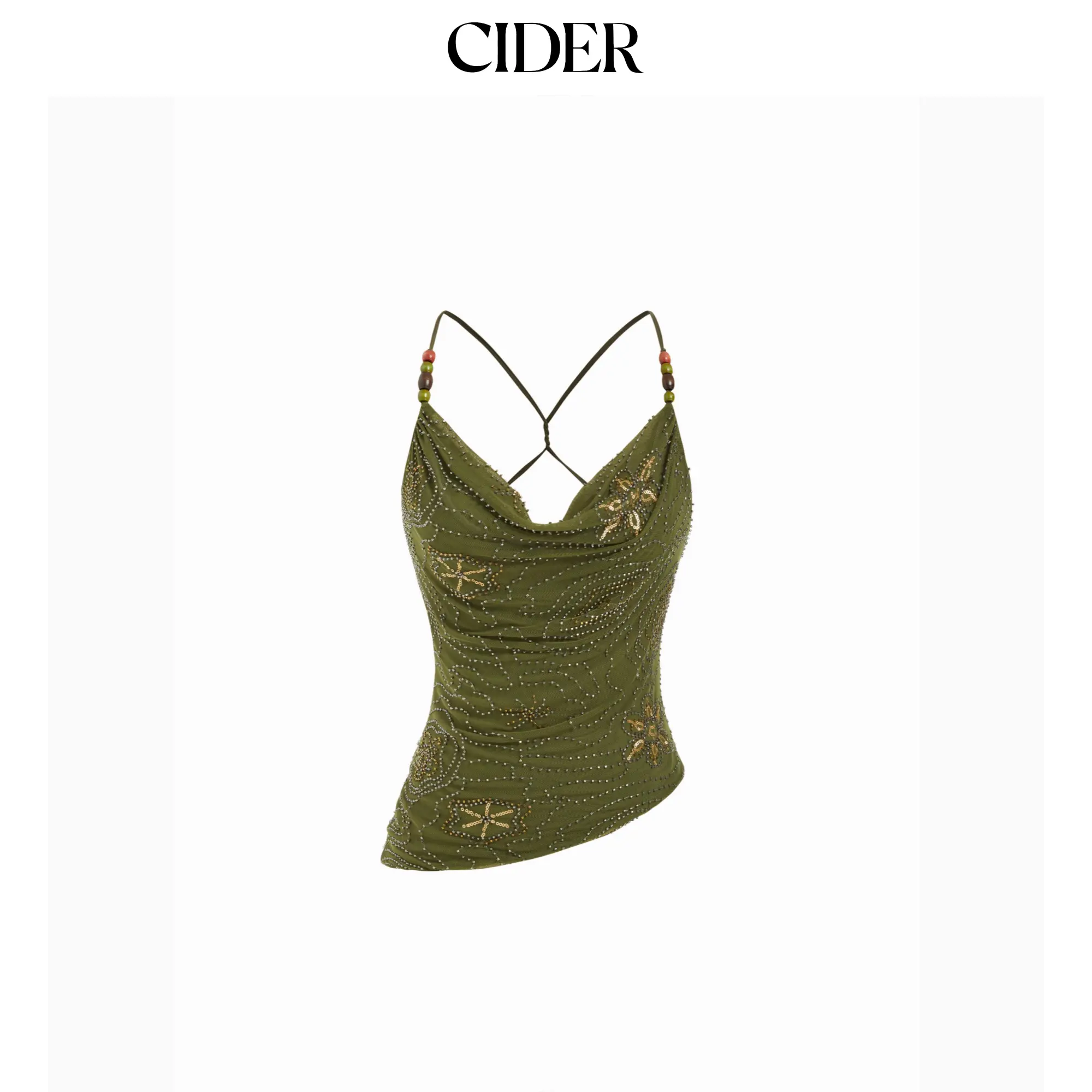 Cider Mesh Cowl Neck Floral Beading Sequin Cami Top SummerWins SummerFinds