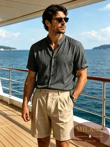 Men's vertical pleated stand up collar short sleeved shirt with MILANO ITALIA gold print, Italian Riviera yacht vintage casual, Mediterranean luxury seaside streetwear, wrinkle relaxing vacation adult men's fashionable top