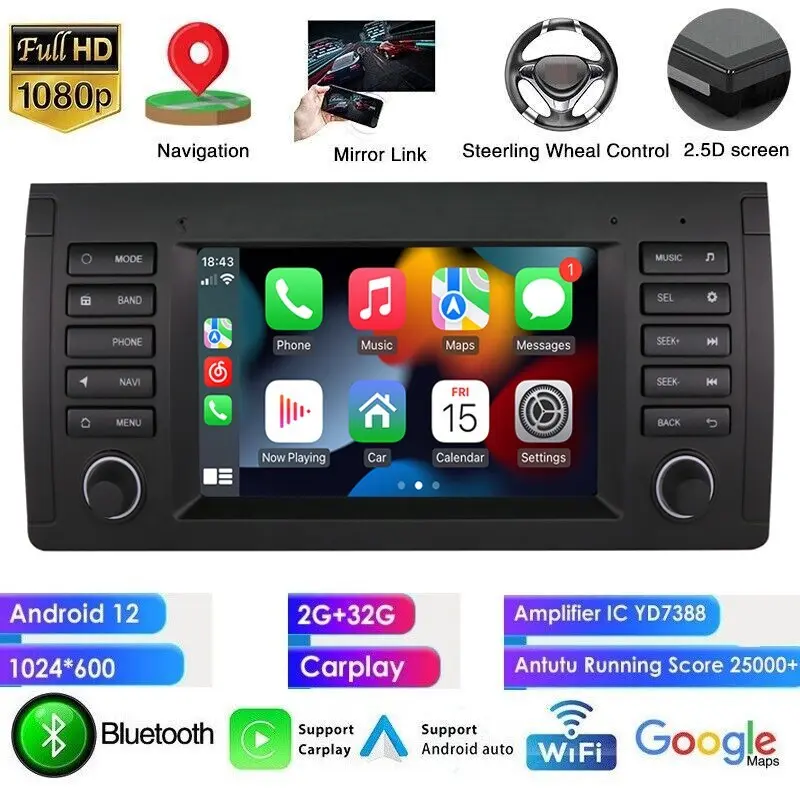 Carplay GPS Touch Screen Car Stereo for BMW 5 Series E39, X5 E53, M5 Upgraded Wireless Carplay Car Radio Multimedia Head Unit Video Player