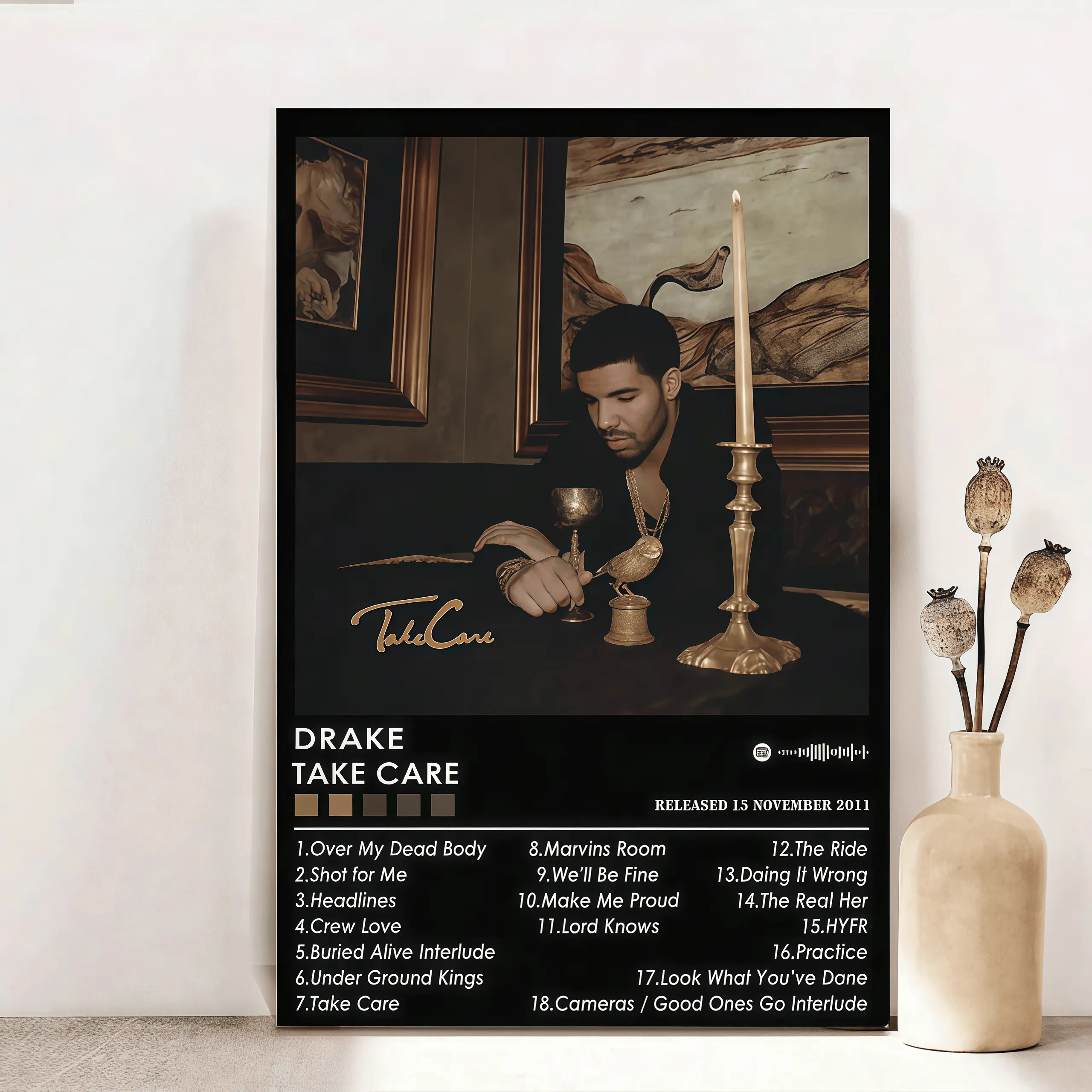 Dark R&B Album Style Canvas Wall Art, Vintage Music Tracklist Poster Print, Moody Hip Hop Inspired Room Decor for Bedroom Living Room Dorm, Unframed or Framed Canvas Poster