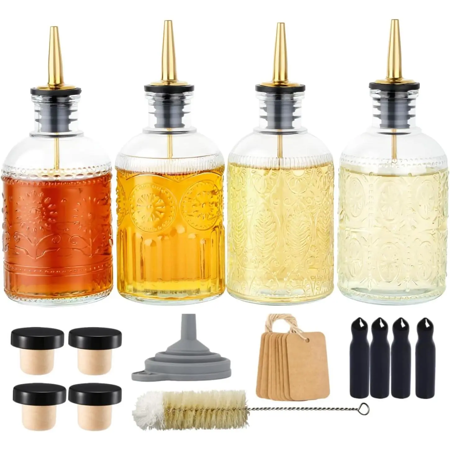 Simple Syrup Bottles Set of 4, Glass Coffee Syrup Dispenser Bottles 7 OZ With Metal Pour Spout, Labels and Stopper, Glass Syrup Dispenser for Maple Honey Syrup Oil and Sauces, LC004 (4 Pack)