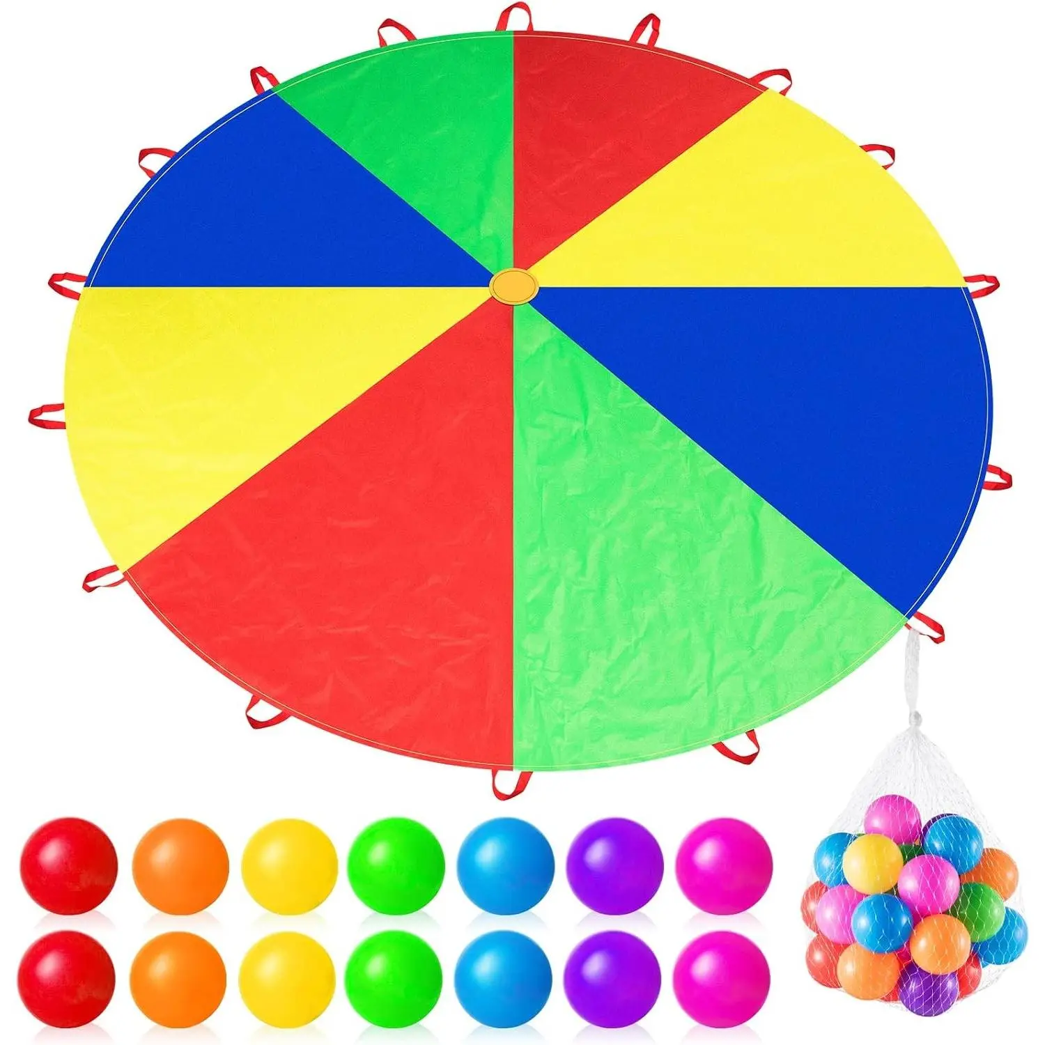 Parachute 6/12/16/20/23/30 ft for Kids with Handles and Plastic Balls Rainbow Parachute Toy Tent Game for Kids Cooperative Games and Outdoor Playground Activities
