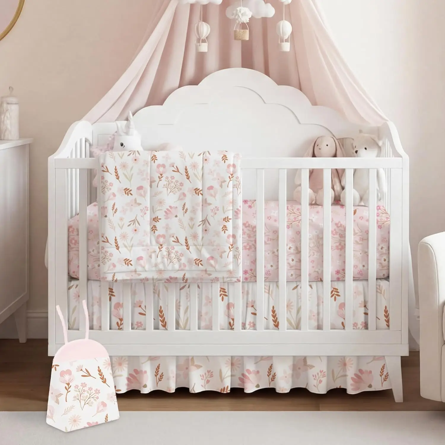 4 Pieces Crib Bedding Set for Girls and Boys, Soft Baby Bedding Set Including Crib Skirt, Comforter, Sheet and Diaper Stacker for Nursery(Pink Floral)