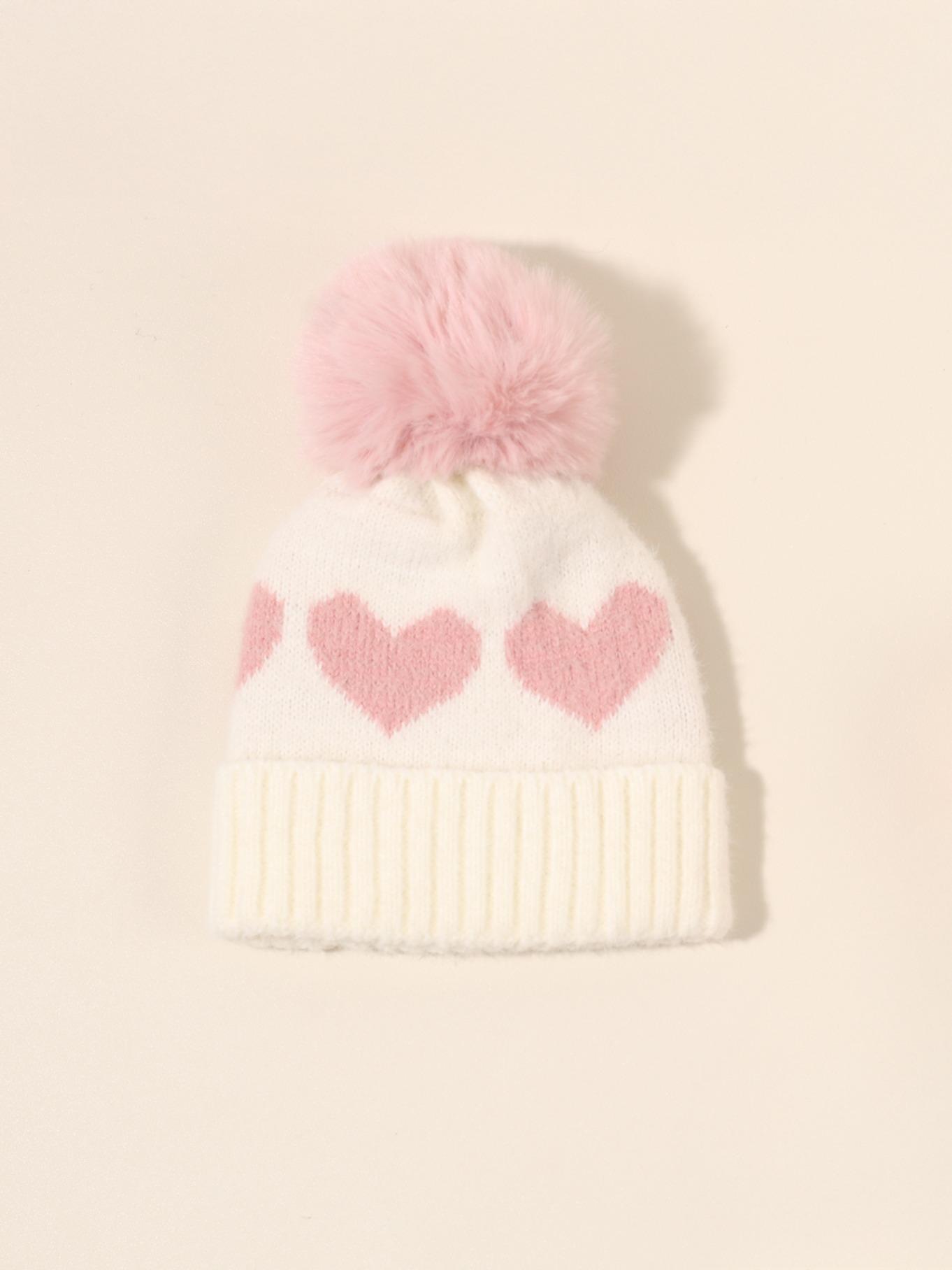 Newborn Knit Hat for Babies 1-3 Years Old, Heart Design Fuzzy Ball Beanie, Warm Winter Outdoor Cap, Casual Daily Commute Wear, Winter Skull Cap