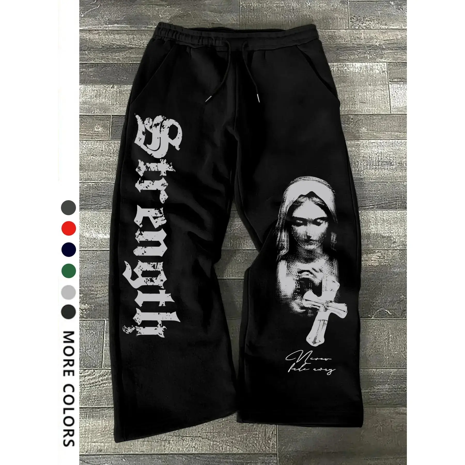 Men's Casual Sporty Long Pants, Nun Pattern Print, Drawstring Wide Leg, All Season Loose Fit, Gothic Style Men's Clothing, Letter Patched Sweatpants, Drawstring Waist Sweatpants