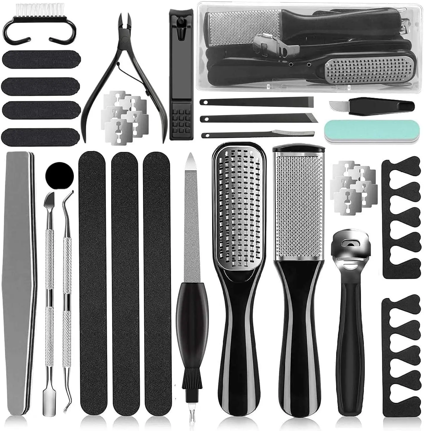 36-in-1 professional foot care set, including foot file, foot grinder, and callus remover| Stainless steel foot care tools, equipped with a foot cleaner, nail clippers, and storage box, suitable for home or salon foot care