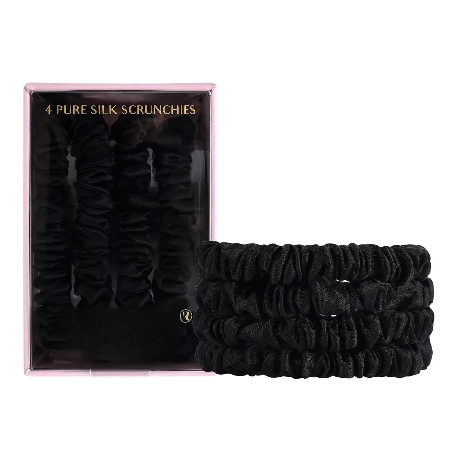 x4 Set -  than Satin -  Pure Mulberry Silk Black  Black Skinny Scrunchies Travel Pouch Everyday Hair Ties Elastics Hair Care Ponytail Holder No  (Noir)