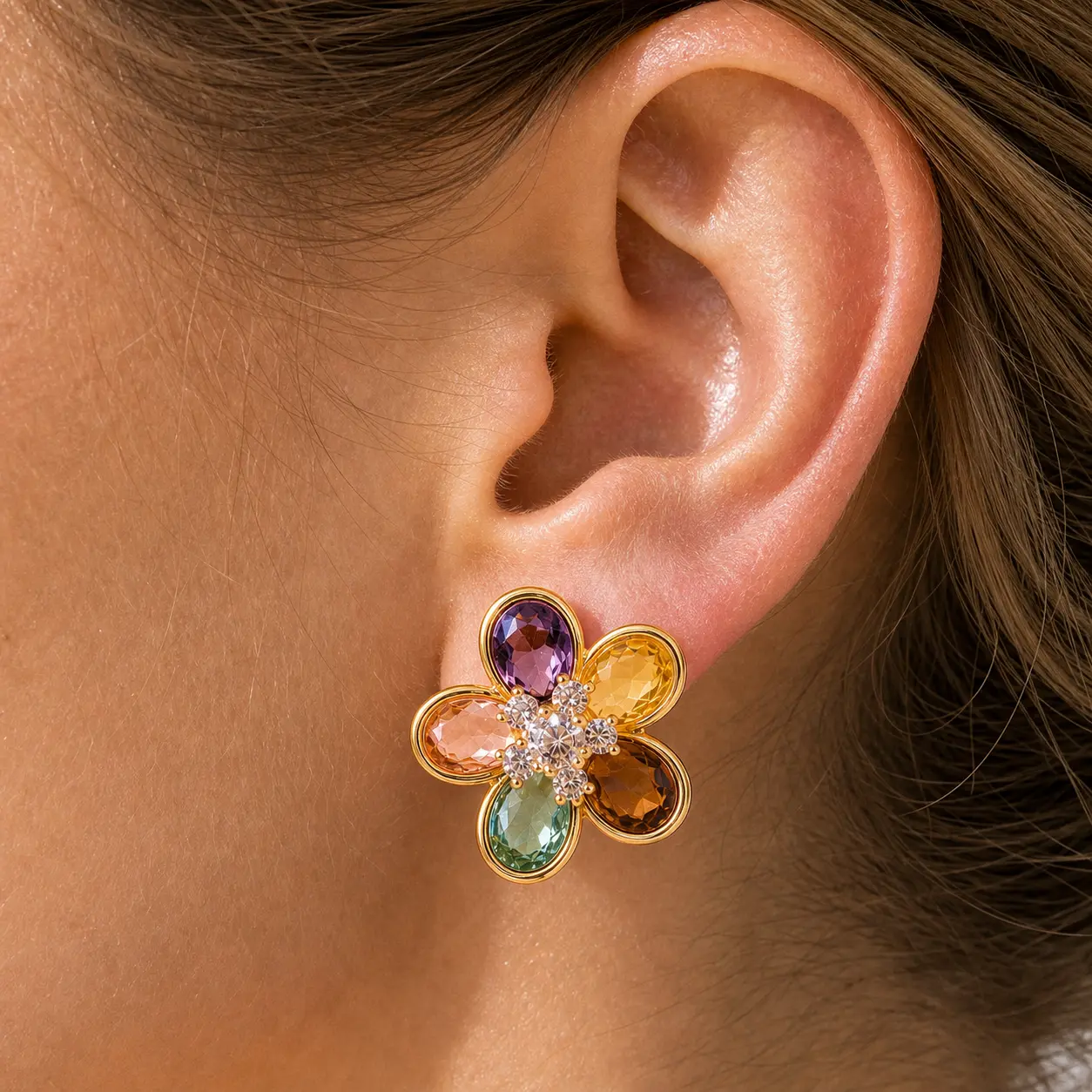 Women's Lightweight Colorful Floral Crystal Pretty Studs - Feminine Aesthetic Costume Earrings, Casual Daily Sparkling Ear Jewelry, Resort Wear Ear Accessories, Summer Birthday-Mother’s Day Gift, Elegant Earrings