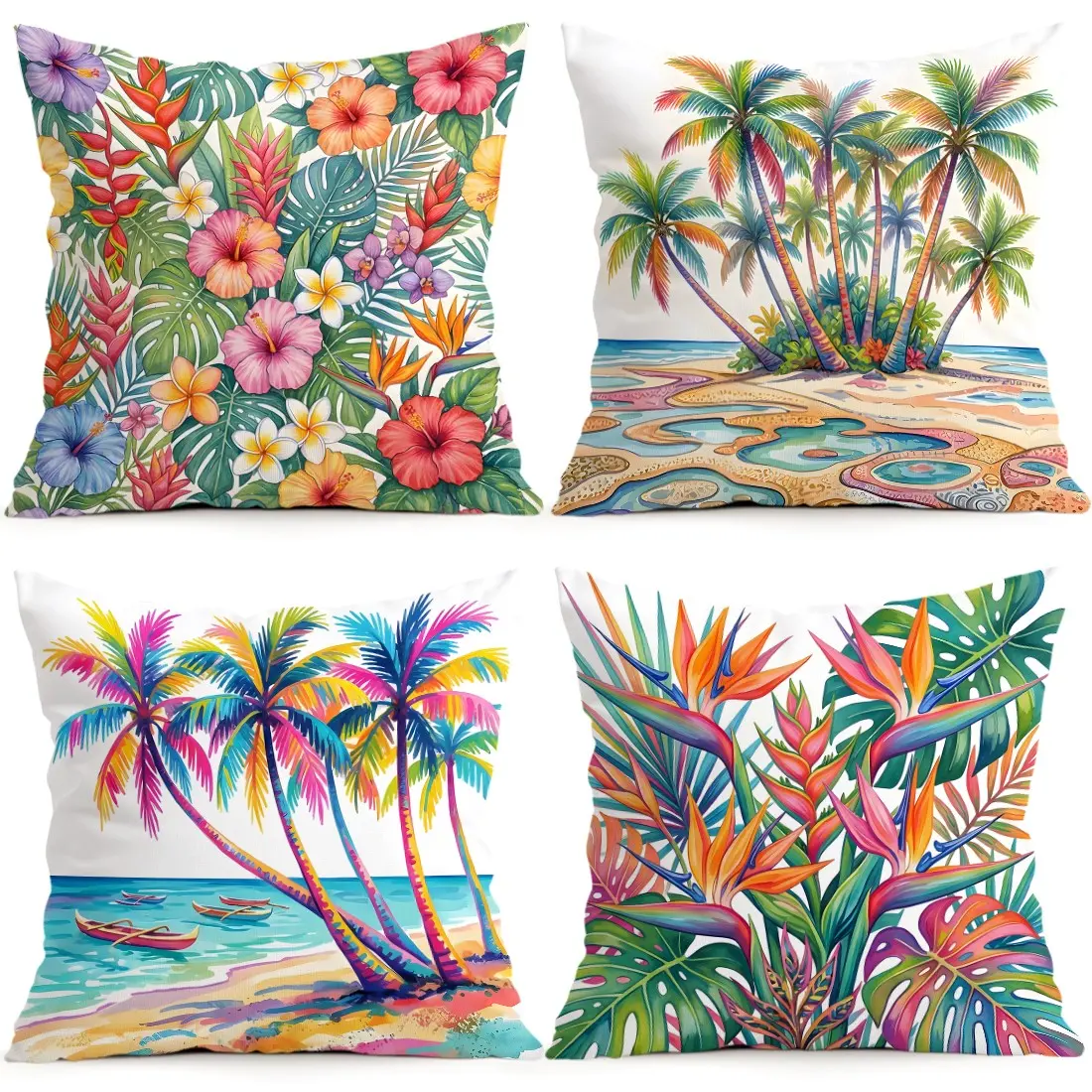 4pcs Tropical Hibiscus and Palm Tree Pattern Cushion Covers, Single-Sided Print, Home Decor for Living Room Bedroom, Bedroom Decorative Accessories, All Seasons