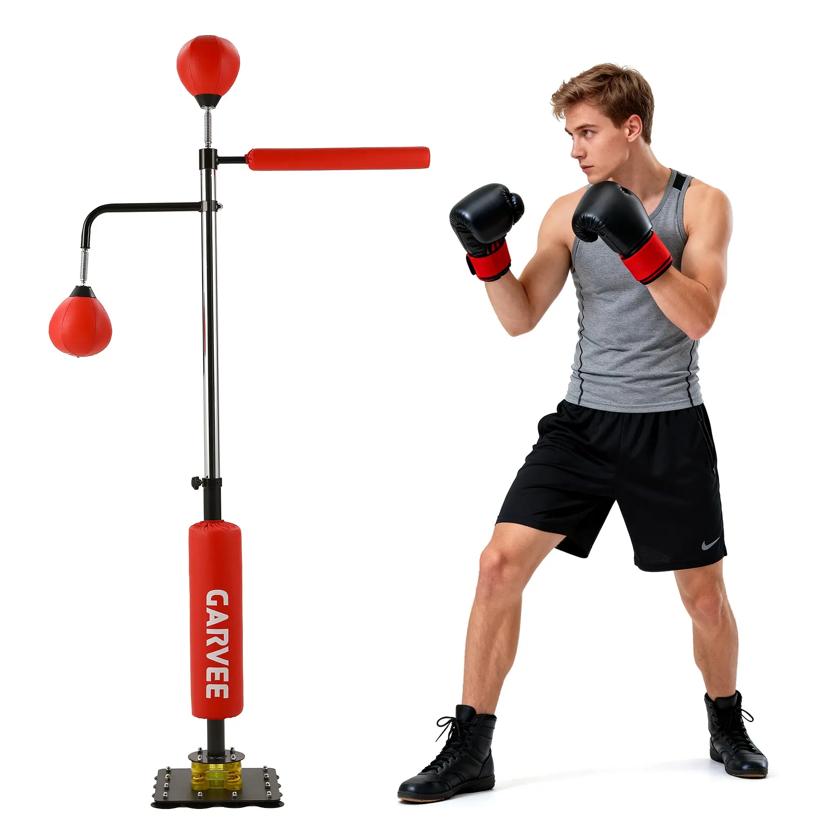 Adjustable Freestanding Boxing Bag with Speed Ball – Durable PU Ball, Rotating Bounce Back Rod, Portable Steel Suction Base