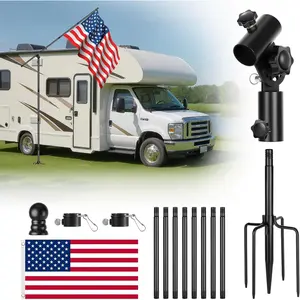 Camping Portable Flag Pole Holder Kit, 90° Quick Angle Adjust In-Ground Flagpole Mount with 5-Prong Base for RV, Beach, Yard, Tailgating, Outside House, Outdoor, Includes Flag & 10FT Flagpole