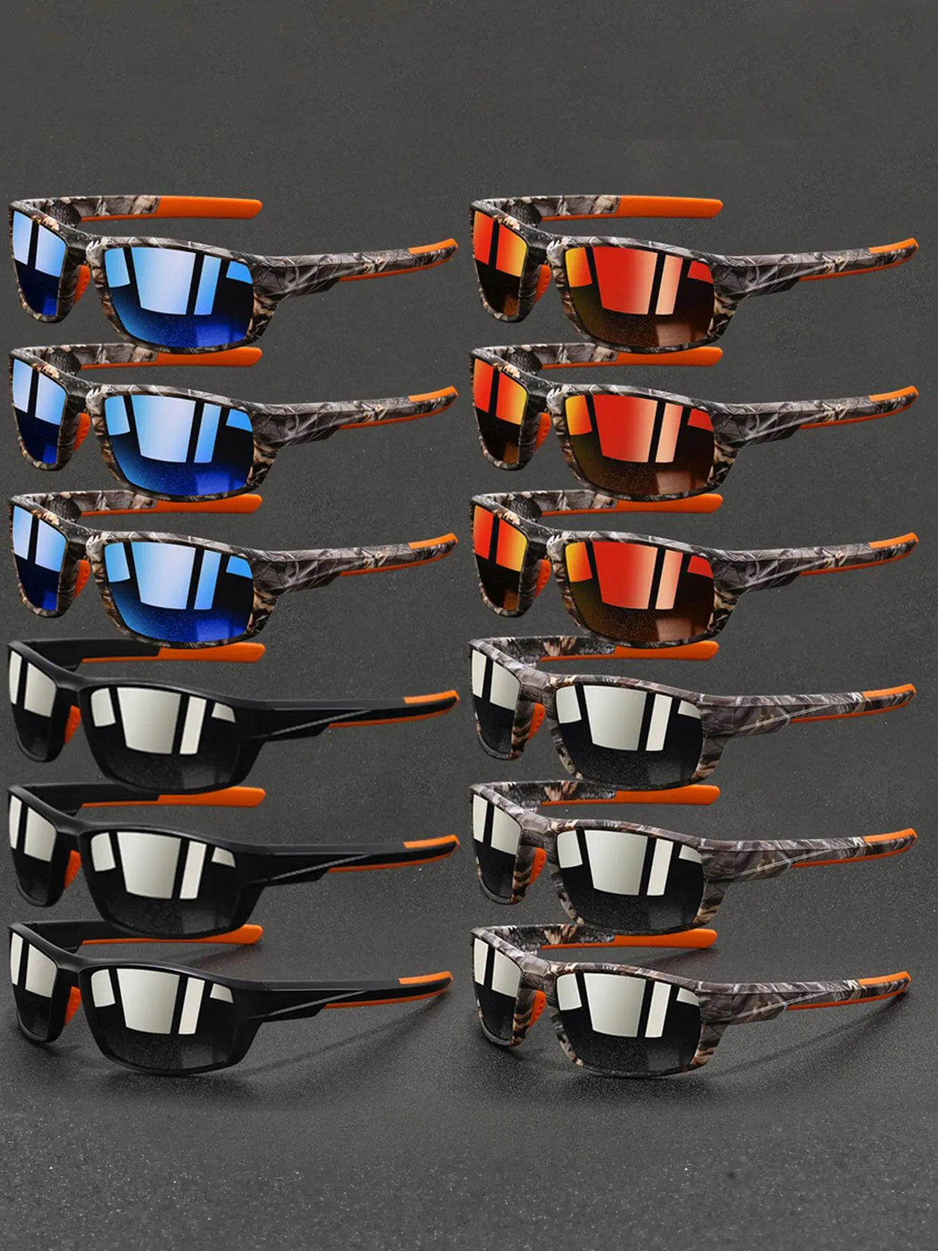 12pcs latest model camouflage square sports glasses,Sports Eyewear,suitable for both men and women,provide multiple color options.equip anti slip rubber nose pad,enhance wearing comfort,suitable fishing,driving,beach vacations etc outdoor activities