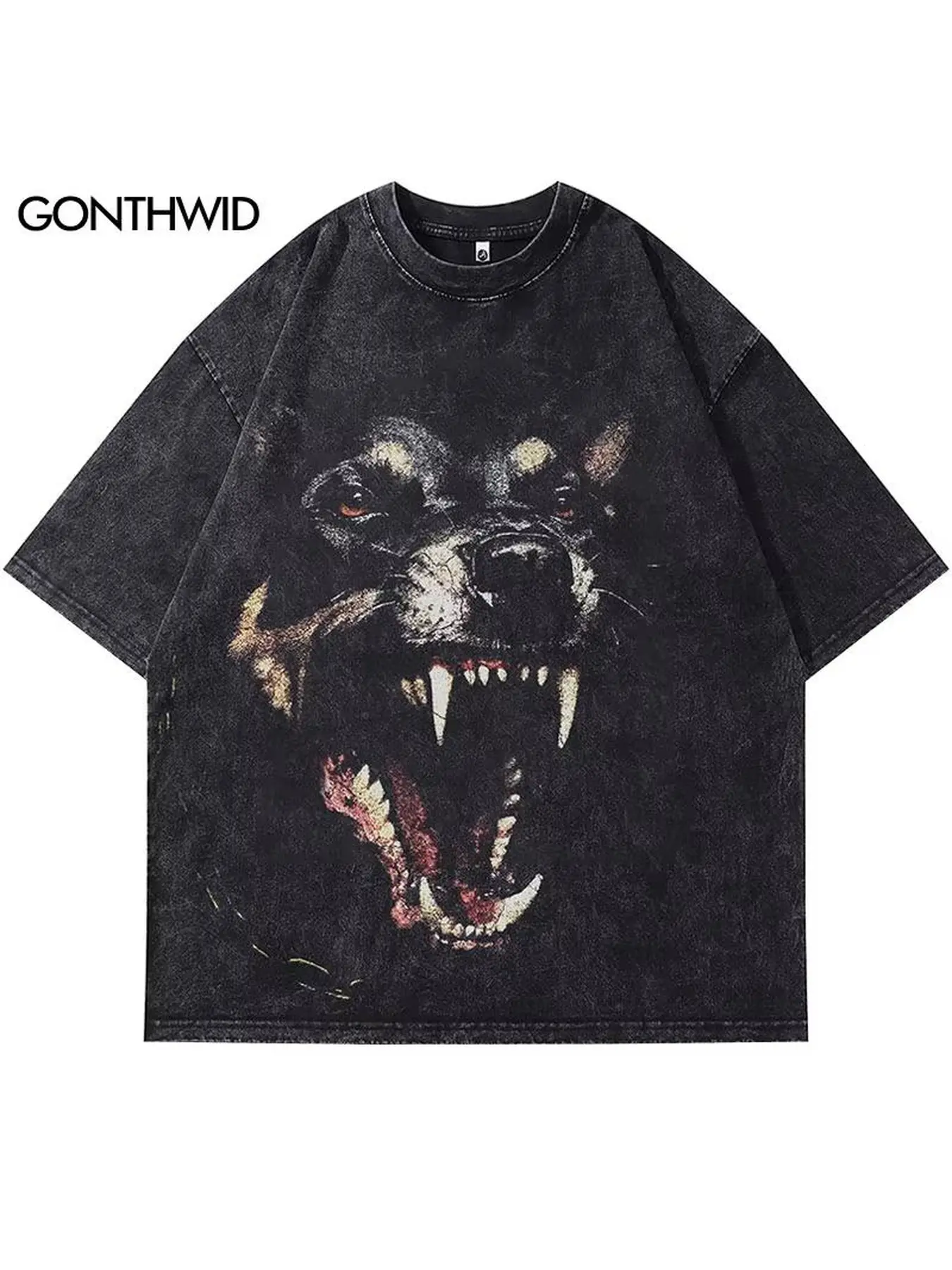 Dark Roaring Rottweiler Close Up Graphic T-Shirt Vintage Washed Black Oversized Tee, Perfect Gift Cool Shirts,Graphic Washed Oversized Tees for Men & Women,Summer Round Neck Short Sleeve ,Sports Shirt,Workout T-shirt