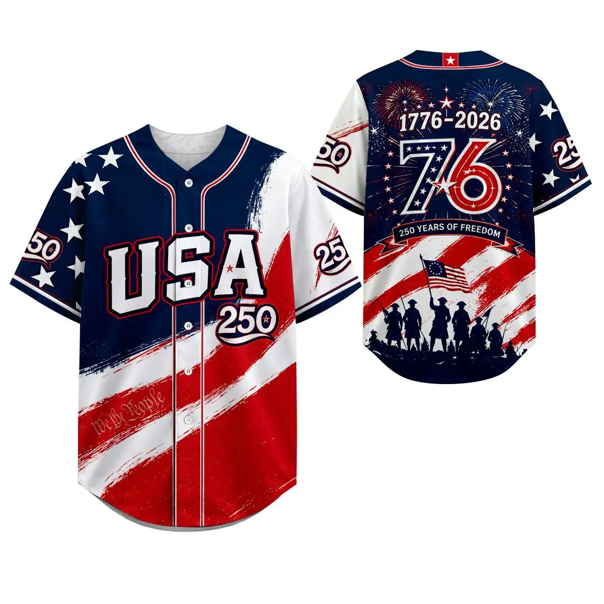 USA 250 1776–2026 Patriotic Baseball Jersey for Men & Women, Lightweight 100% Polyester Button Up Shirt with Flag Brush Stripe, Fireworks, 76 & 250 Years of Freedom Graphic Print, 4th of July Independence Day Streetwear Top