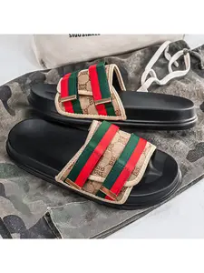 Retro Jacquard Pattern Slide Sandals for Men Women, Vintage Red Green Webbing Strap Thick Cushioned Platform Sole Non Slip Soft Comfort Open Toe Slides Suitable For Home Pool Street Summer Daily Outfit