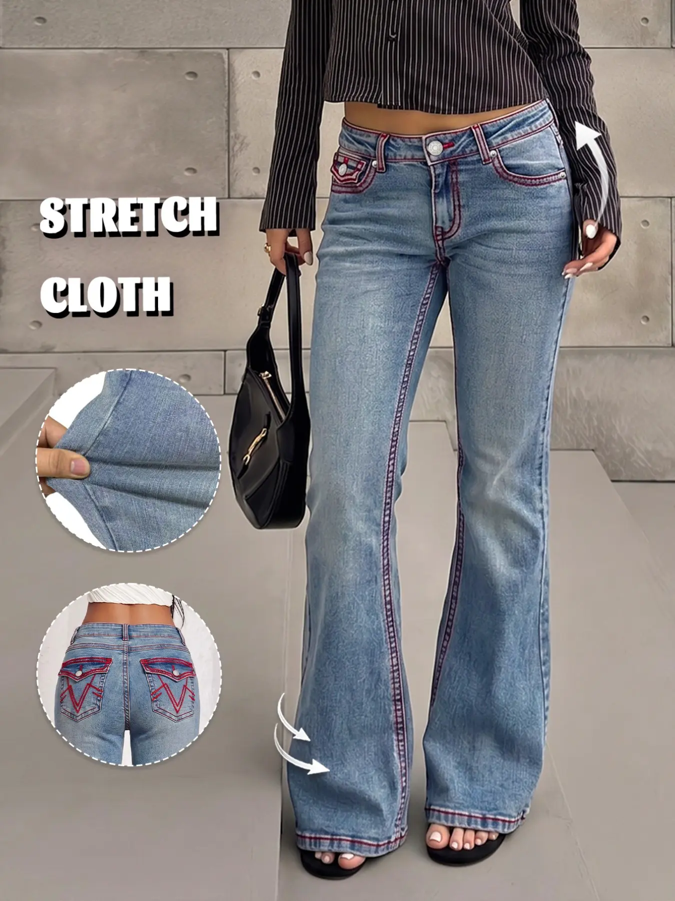 GILIPUR Y2K Streetwear Low-Rise Flared Denim Jeans with Red Contrast Stitching – American-Style Slim-Fit Stretch Flare Pants (TChic)