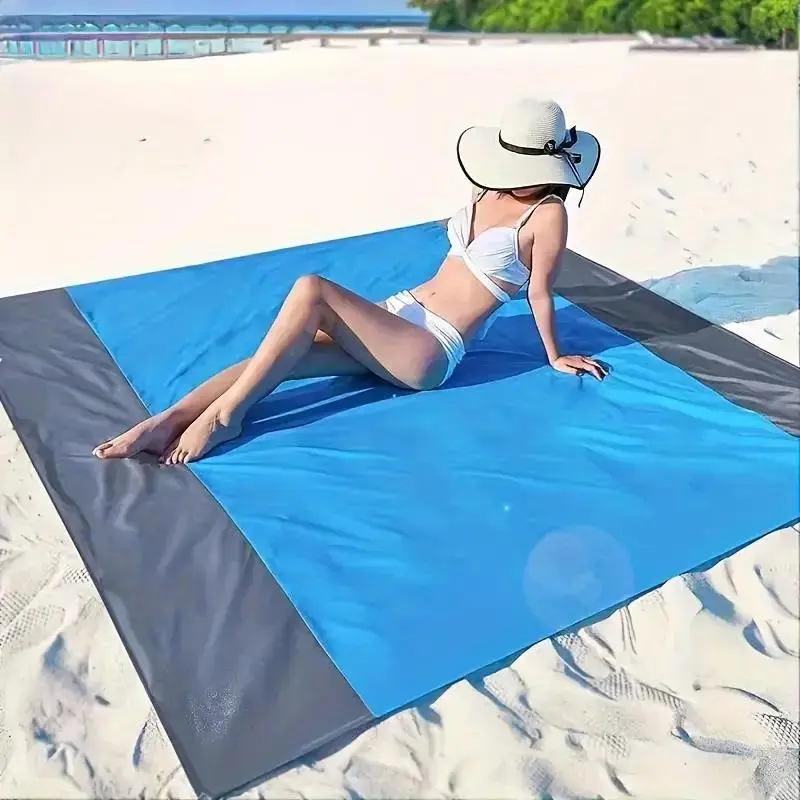 High-Quality Sandproof Beach Blanket & Picnic Mat, Foldable with 4 Stakes, Quick-Dry Lightweight Durable Polyester, Ideal for Camping, Hiking, Travel