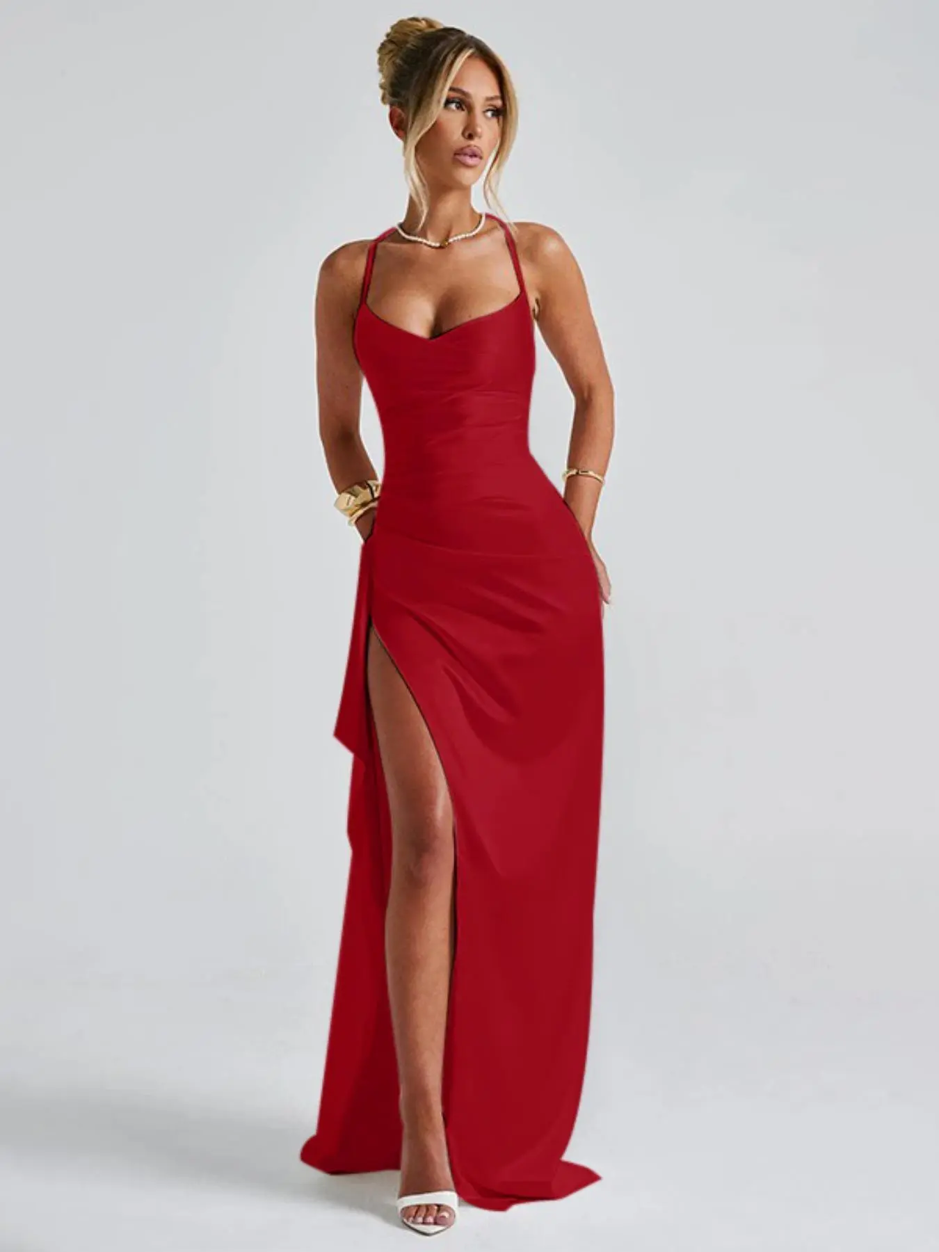 Women's Plain Ruched Criss Cross Split Thigh Bodycon Side Slit Cami Dress,  Elegant Sleeveless Zipper Back Maxi Dress for Party Club Dating, Formal  Dresses, Ladies Summer Clothes - TikTok Shop
