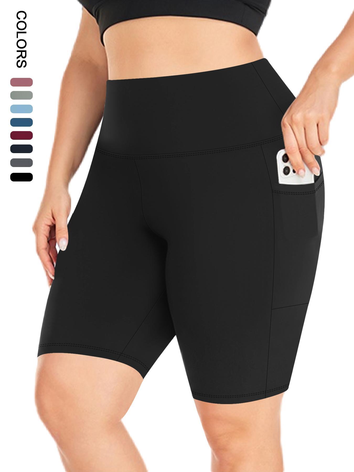 Plus Size Plain High Waist Convenient Pockets Design Skinny Shorts, Activewear Shorts, Casual Comfy Breathable High Stretch Seamless Shorts for Daily Outdoor Sport, Women's Bottoms for Summer