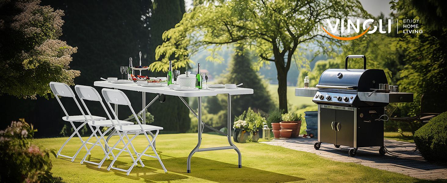 6 Foot Plastic Folding Table Portable Long Table for Indoor Outdoor Use Rectangular with Carrying Handle, Smooth HDPE Tabletop