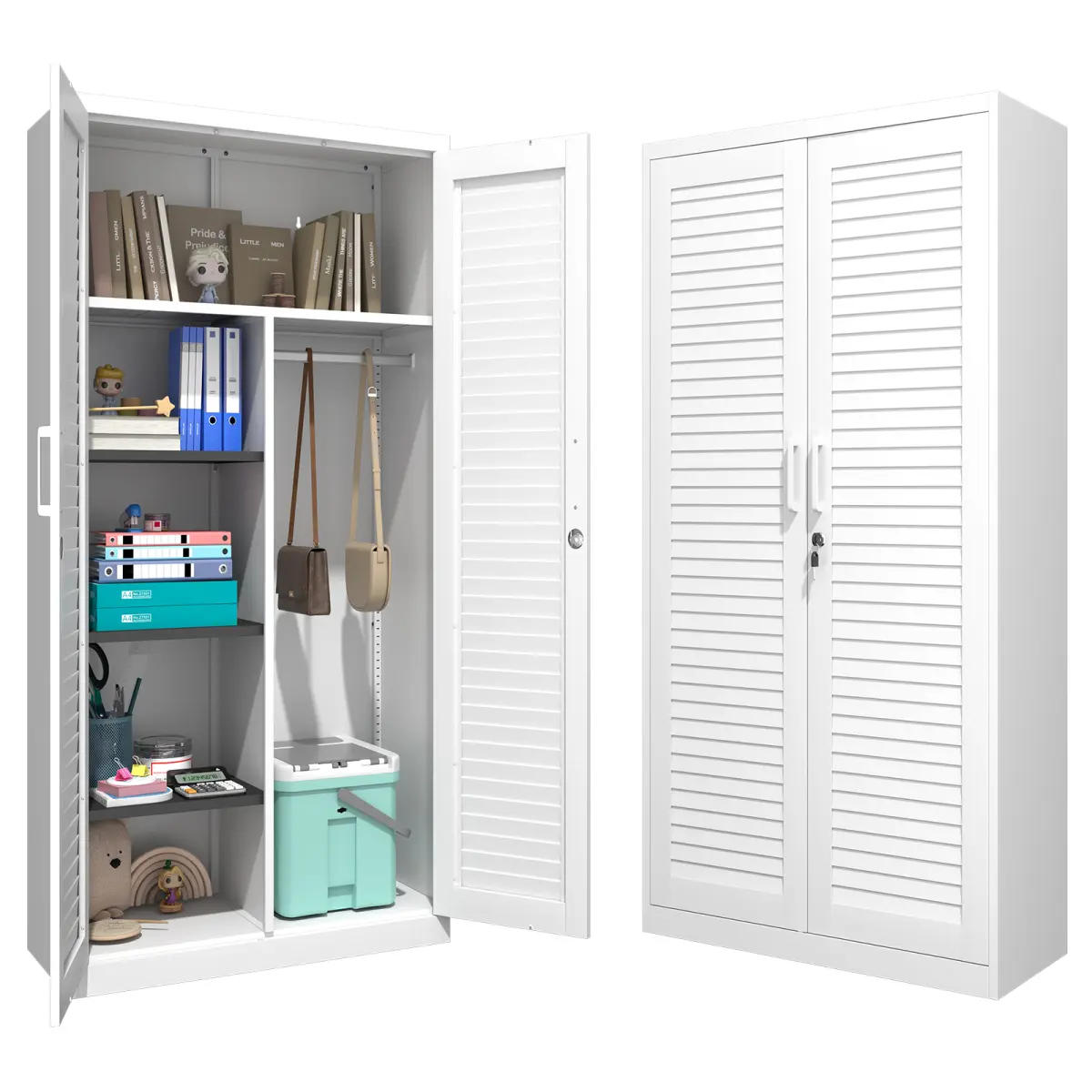 [Bellemave] Metal Storage Cabinet with Hanging Rod,Black Broom Closet Storage Cabinet with Lock, Tall Wardrobe Cabinets with Doors and Shelves,Locking Steel Tool Cabinets for Home,Office,Garage