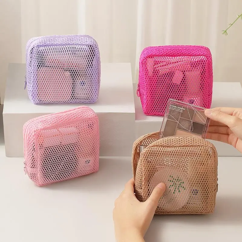 Dopamine Color Mesh Makeup Bag, Portable Square Cosmetic Pouch, Lipstick Sanitary Pad Organizer, Ideal for Travel, Compact & Organized