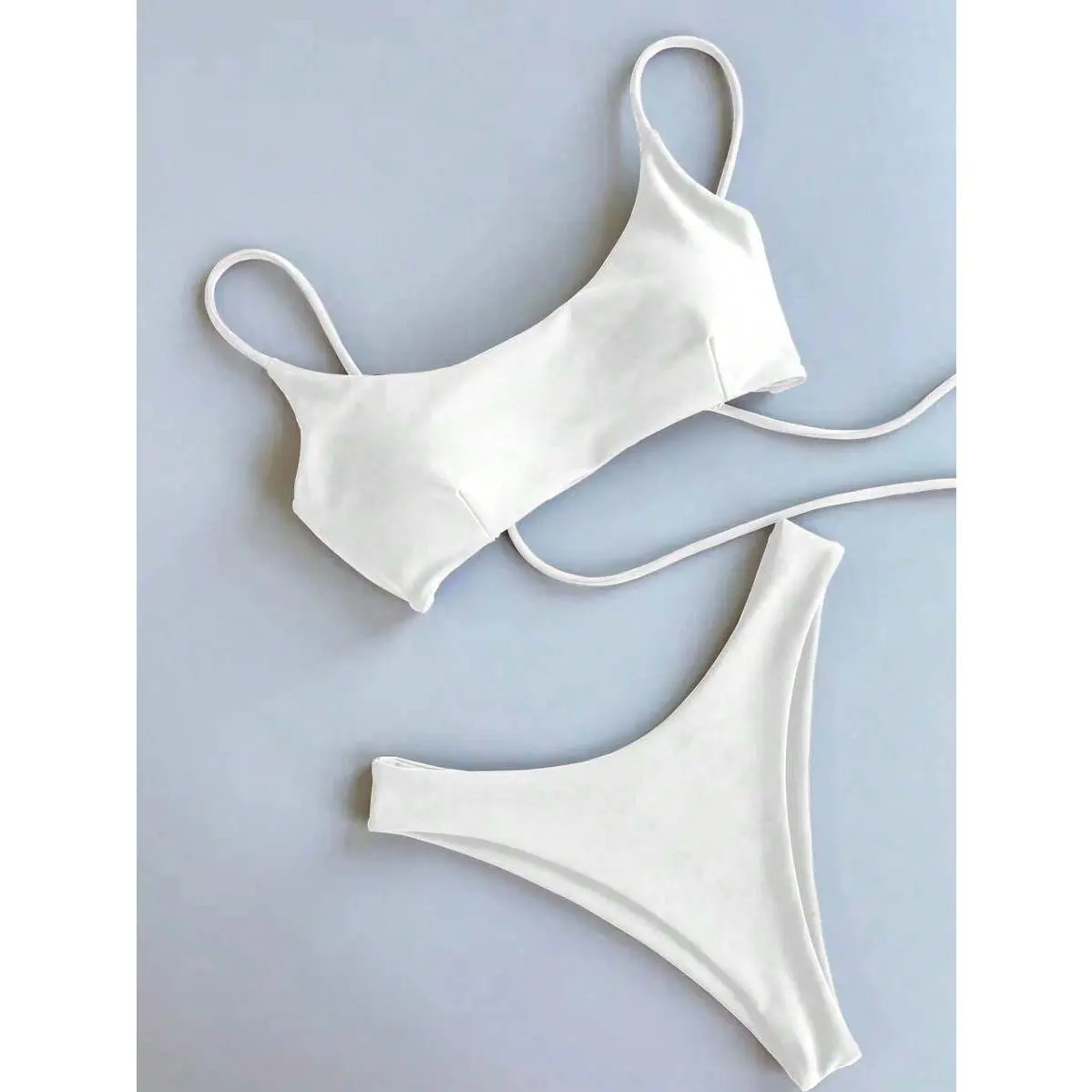 Women's 2-Piece Metallic Solid White Underwire Backless Bikini Set - Adjustable Wide Shoulder Straps, Tie-Side Swim Panty, Detachable Crisscross Spaghetti Strap Top, Split Design, Polyamide Blend, Hand Wash, Summer Beach Vacation, Casual Outfits Women