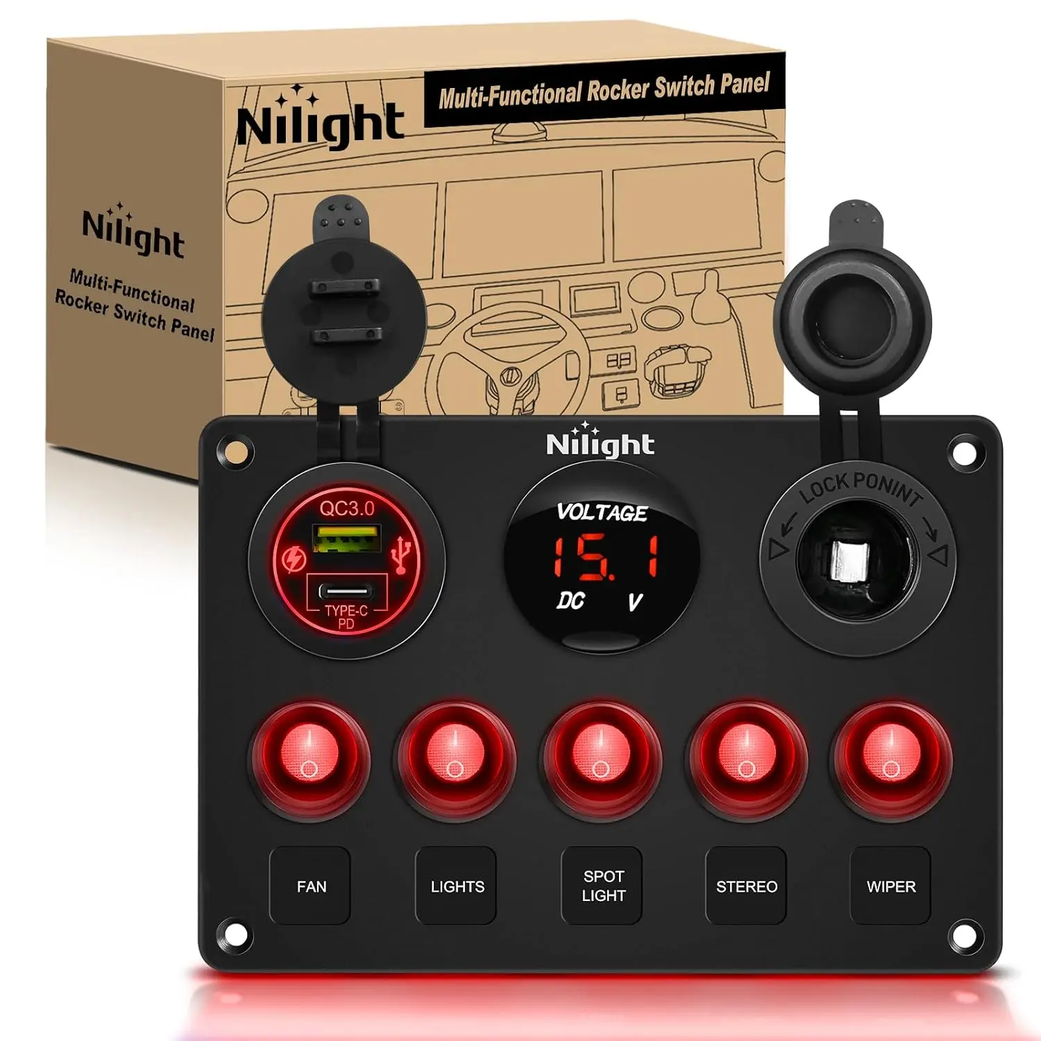 Nilight 5 Gang Multi Function Waterproof Switch Panel PD Type C and USB Socket Digital Voltmeter 12V Outlet Rocker with Inline Fuse for RVs Cars Boats Trucks Trailers Red