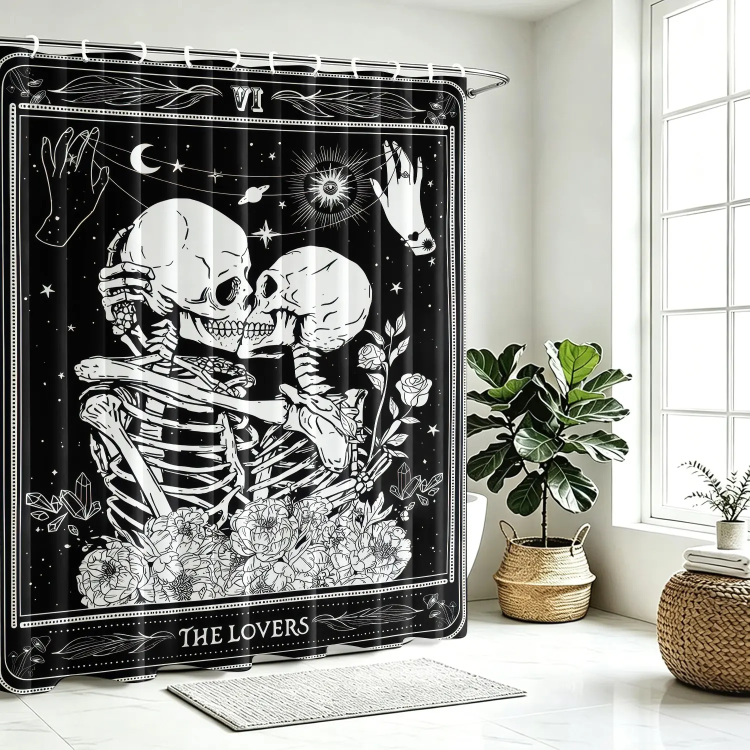 Gothic The Lovers Tarot Card Shower Curtain, Black White Skeleton Couple Kissing Design Bathroom Curtain With Hooks, Vintage Dark Art Floral Moon Star Pattern Waterproof Fabric Bath Curtain, Home Bathroom Decor Accessories