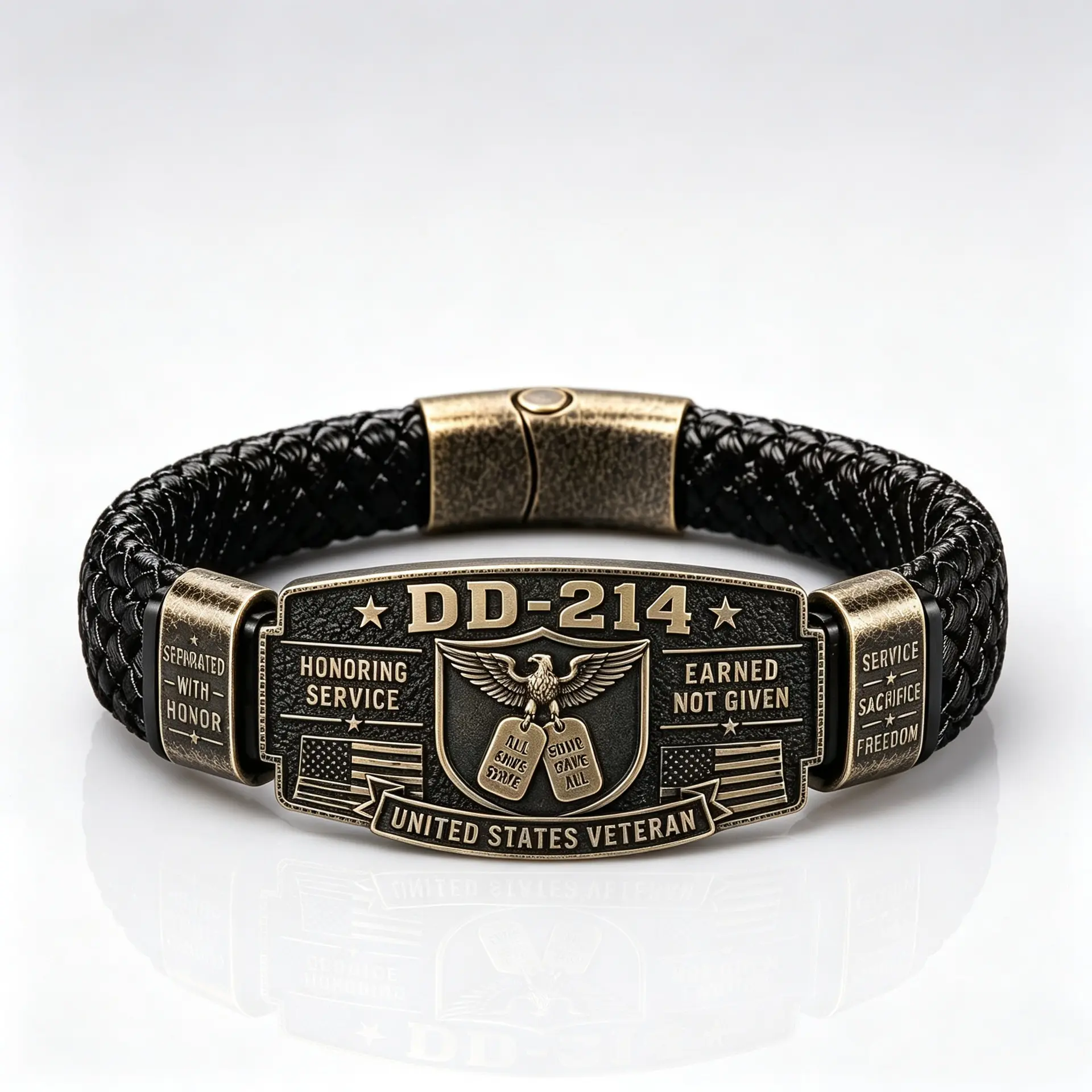 Veteran DD-214 Bracelet Military Engraved Braided Leather Cuff for Men Women, Adjustable Commemorative Service Jewelry Gift - Antique Finish, Patriot Memorial Keepsake