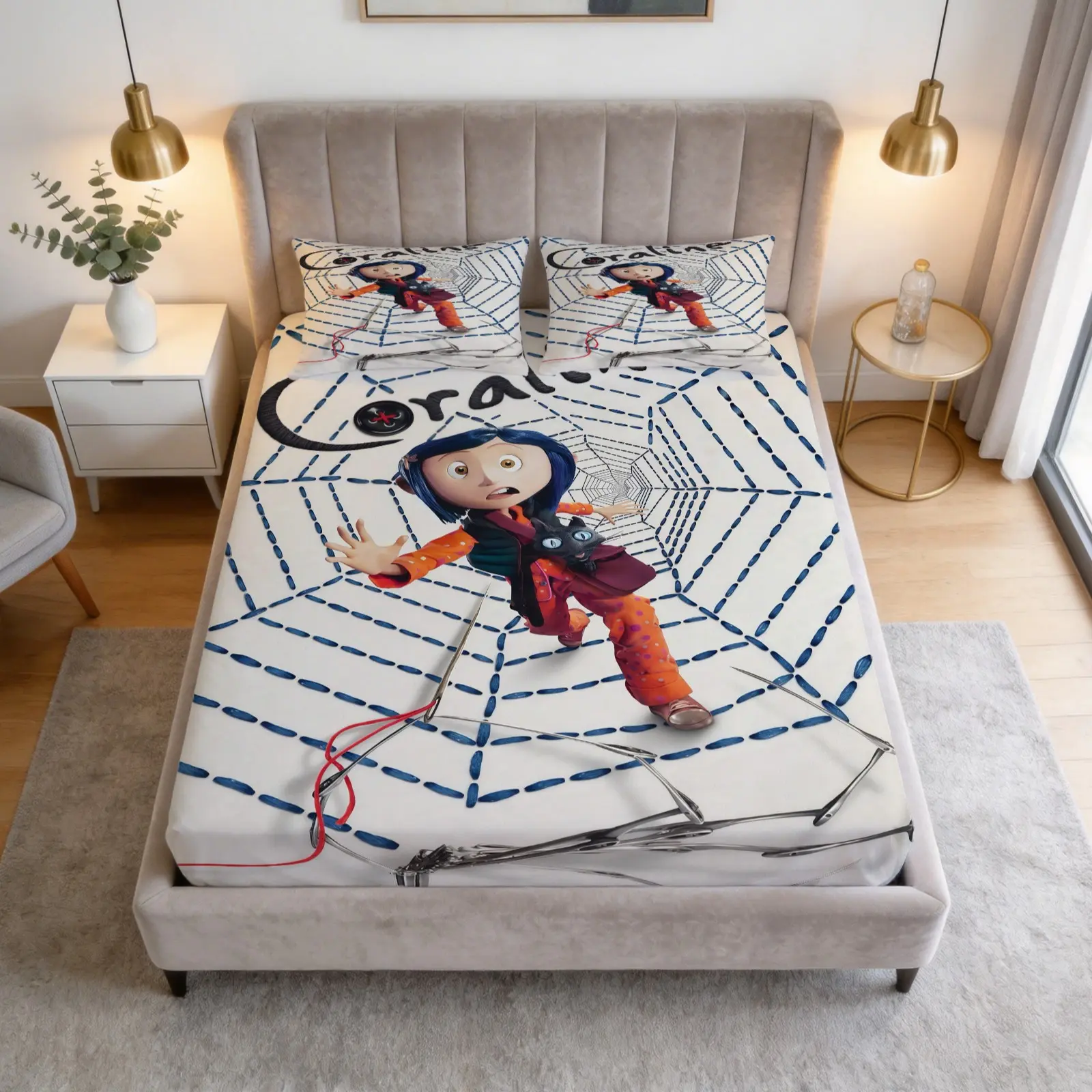 Coraline Printed Pattern Bed Sheet Set, Halloween Themed Decoration, 1 Bed Sheet With 2 Pillowcases (Excluding Pillow Core), Suitable For Teenage And Adult Bedrooms, Suitable As Decoration And Gift