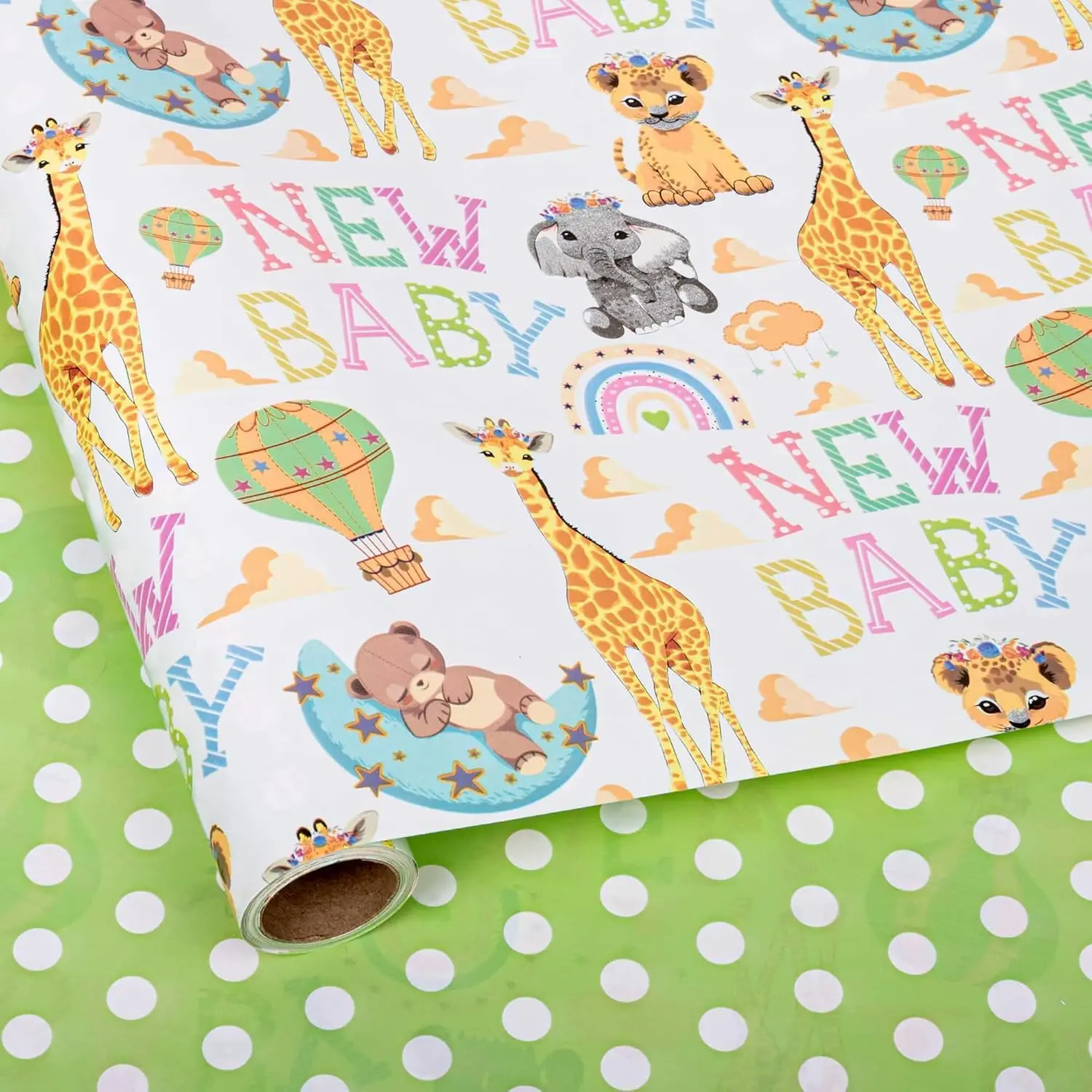 Reversible  Shower Wrapping Paper for  Girls Boys - 17 Inch x 16.5  - Lion Giraffe  &   Design for Neutral  Shower Party Birthday Holiday