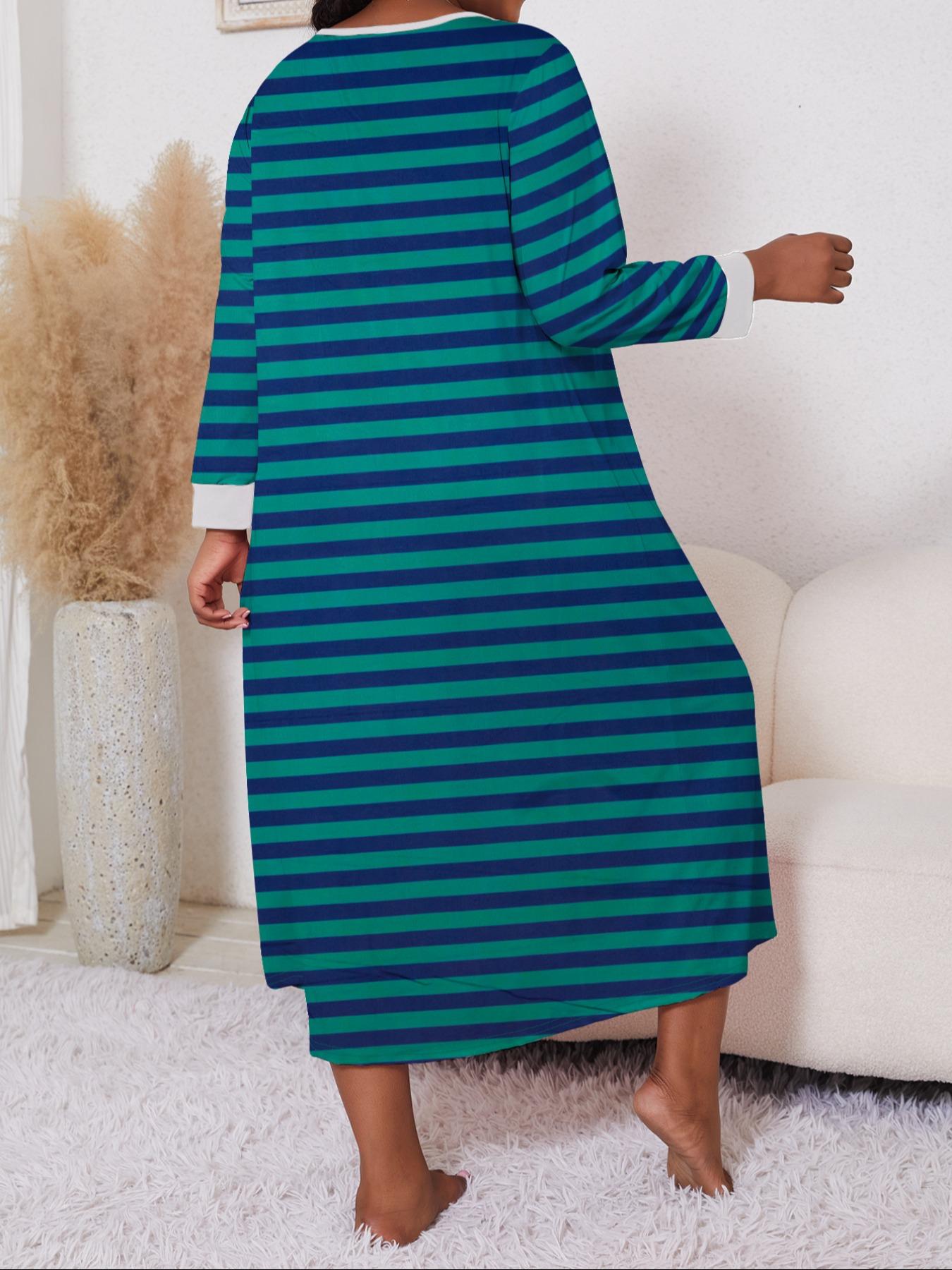 Plus Size Striped Print Contrast Binding Nightdress, Casual Button Front  Notched Neck Sleep Dress for Women, Women's Sleepwear for Spring & Fall