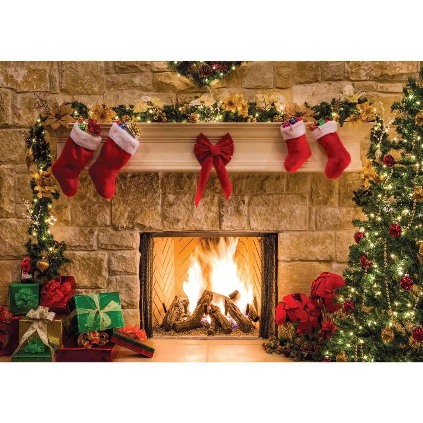 7x5ft Christmas Backdrops Christmas Fireplace Theme Backdrop Tree Sock Decorations for Xmas Party Supplies Photo Background Pictures Banner