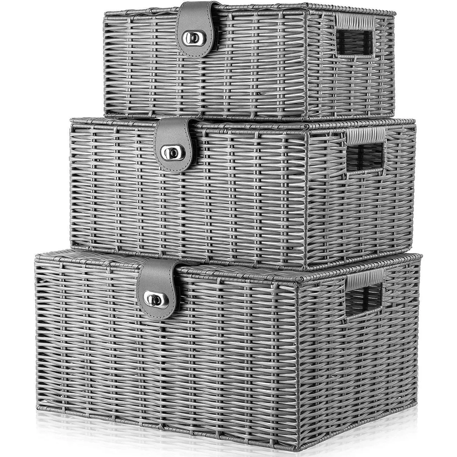 Set of 3 Woven Wicker Storage Basket Box with Lids & Lock, Built-in Carry Handles, Multifunctional Storage Organizer for Nursery, Baby, Clothes, Toys, Books, Large/Medium/Small Size (Grey)