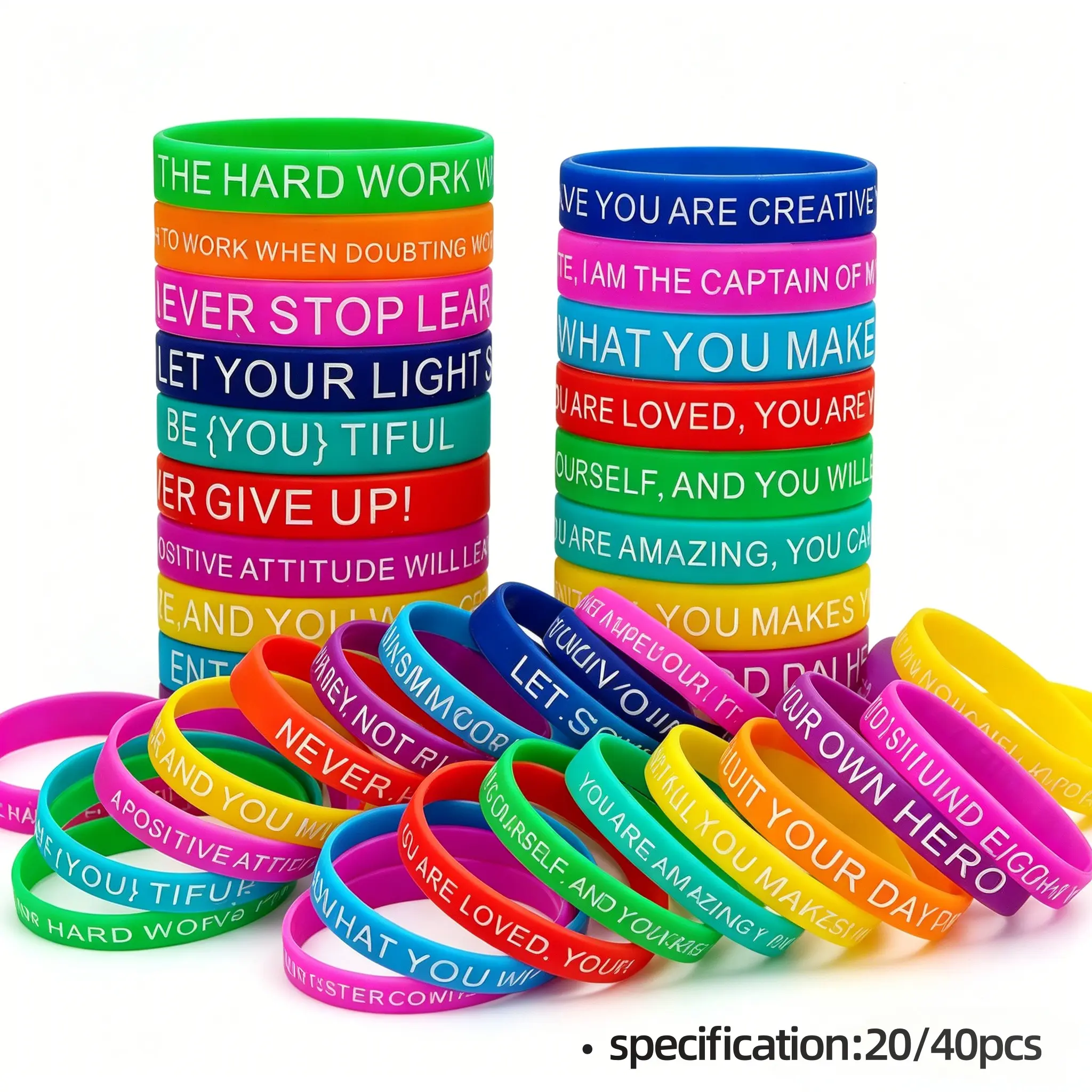 20/40pcs Motivational Silicone Wristbands, Inspirational Quote Rubber Bracelets, Bracelet Bundle, Unisex Stretch Wrist Bands, Gift for Men Women