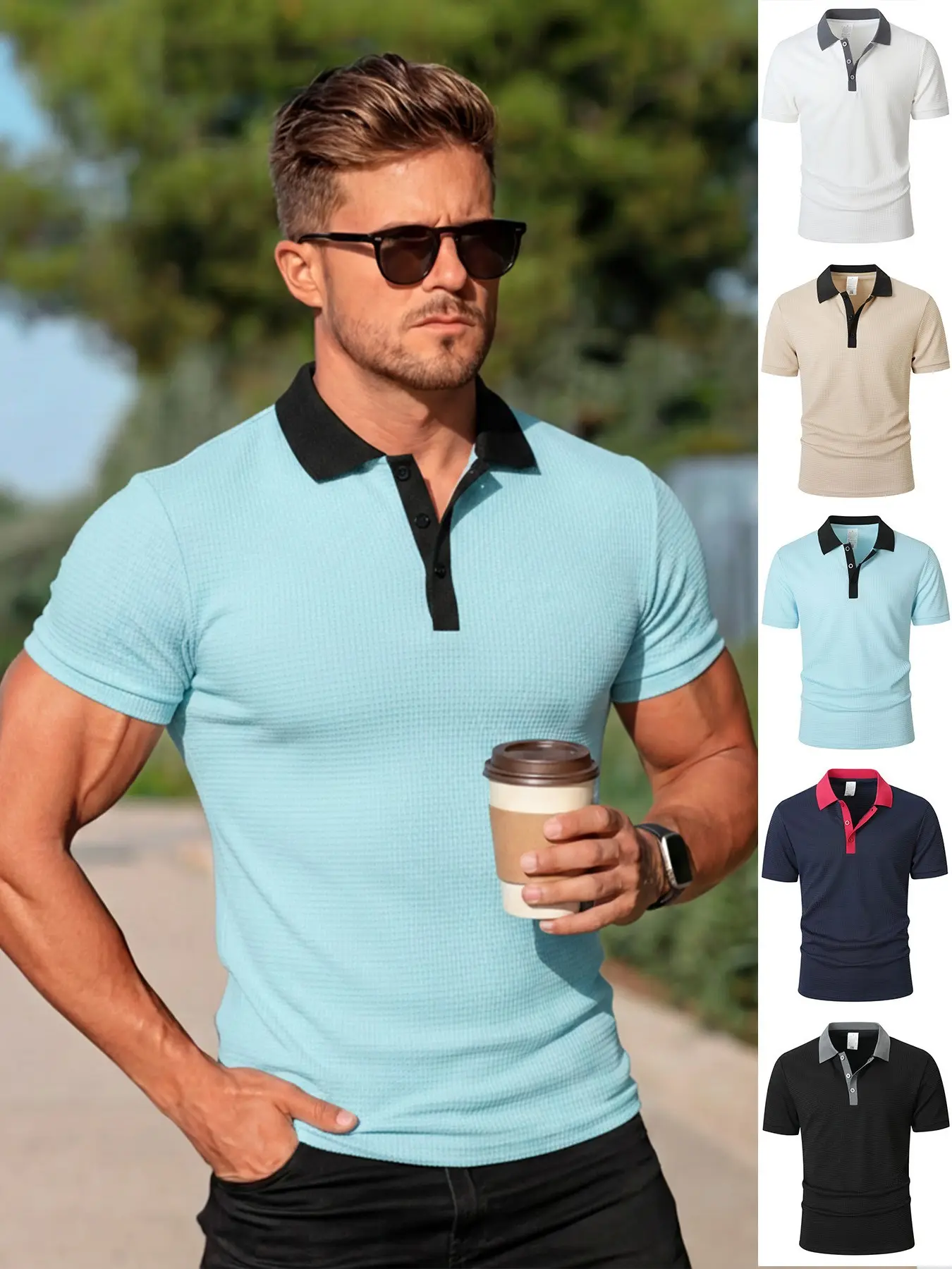 Men's Waffle Classic Polo Shirt, Contrast Collar Short Sleeve Polo Tee, Lightweight Breathable Casual Business Top, Summer Daily Wear, Streetwear Golf Shirt, Clearance Deal, Trending Essential, Essential for Man's Wardrobe, Waffle Knit Polo